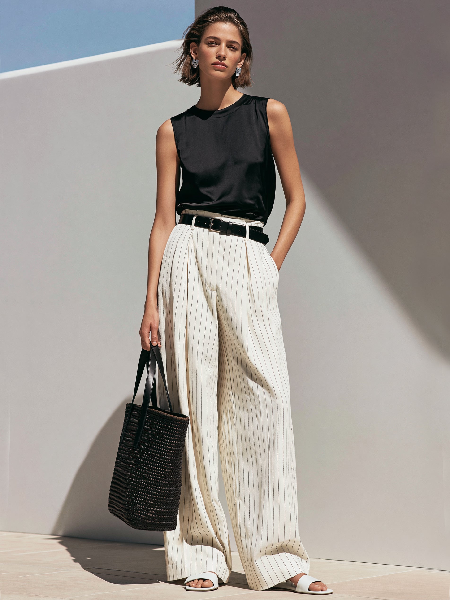 Liserie Elegant Black Satin Tank & Cream Pinstripe Pleated Trousers  Set