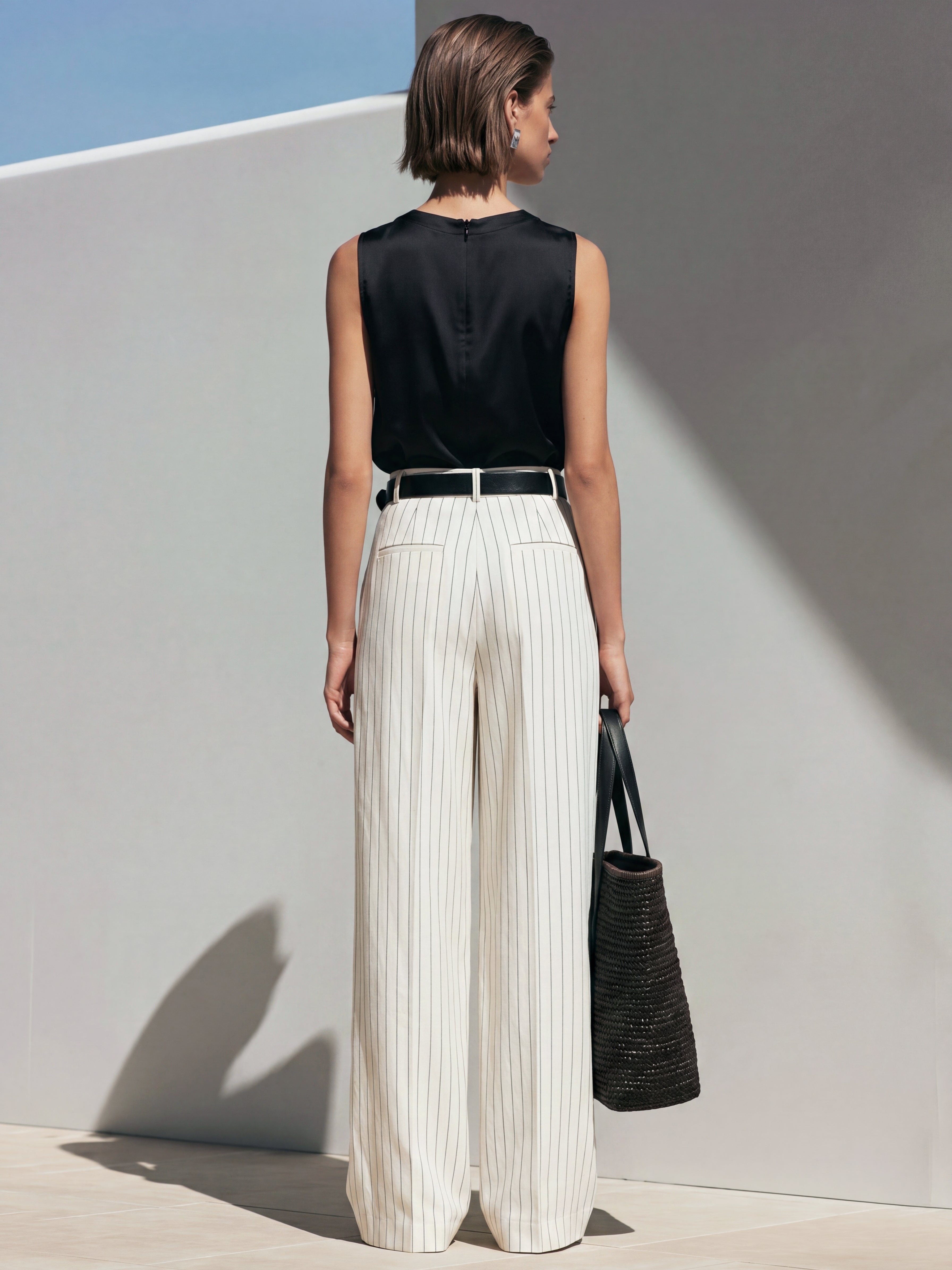 Liserie Elegant Black Satin Tank & Cream Pinstripe Pleated Trousers  Set