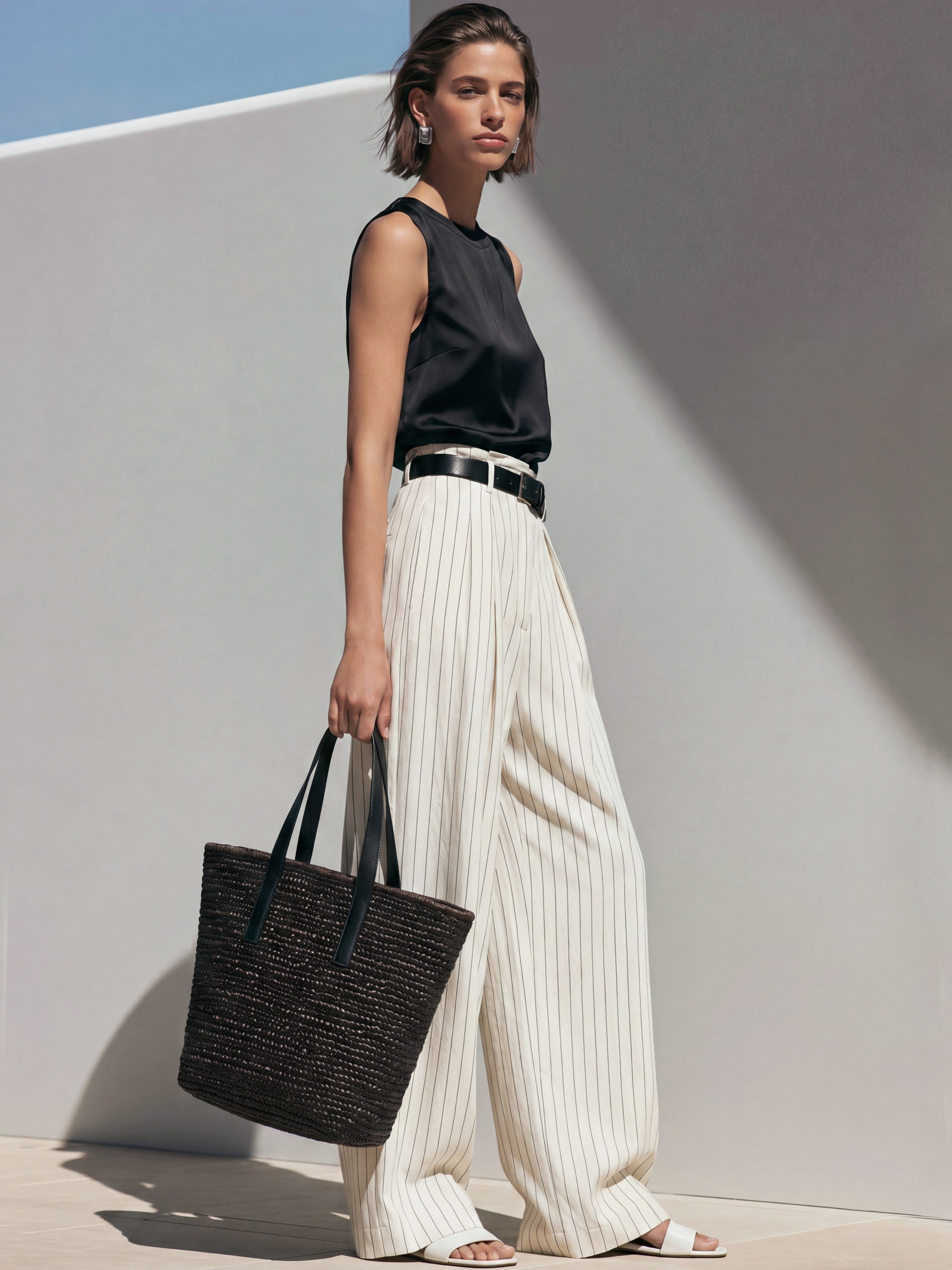 Liserie Elegant Black Satin Tank & Cream Pinstripe Pleated Trousers  Set