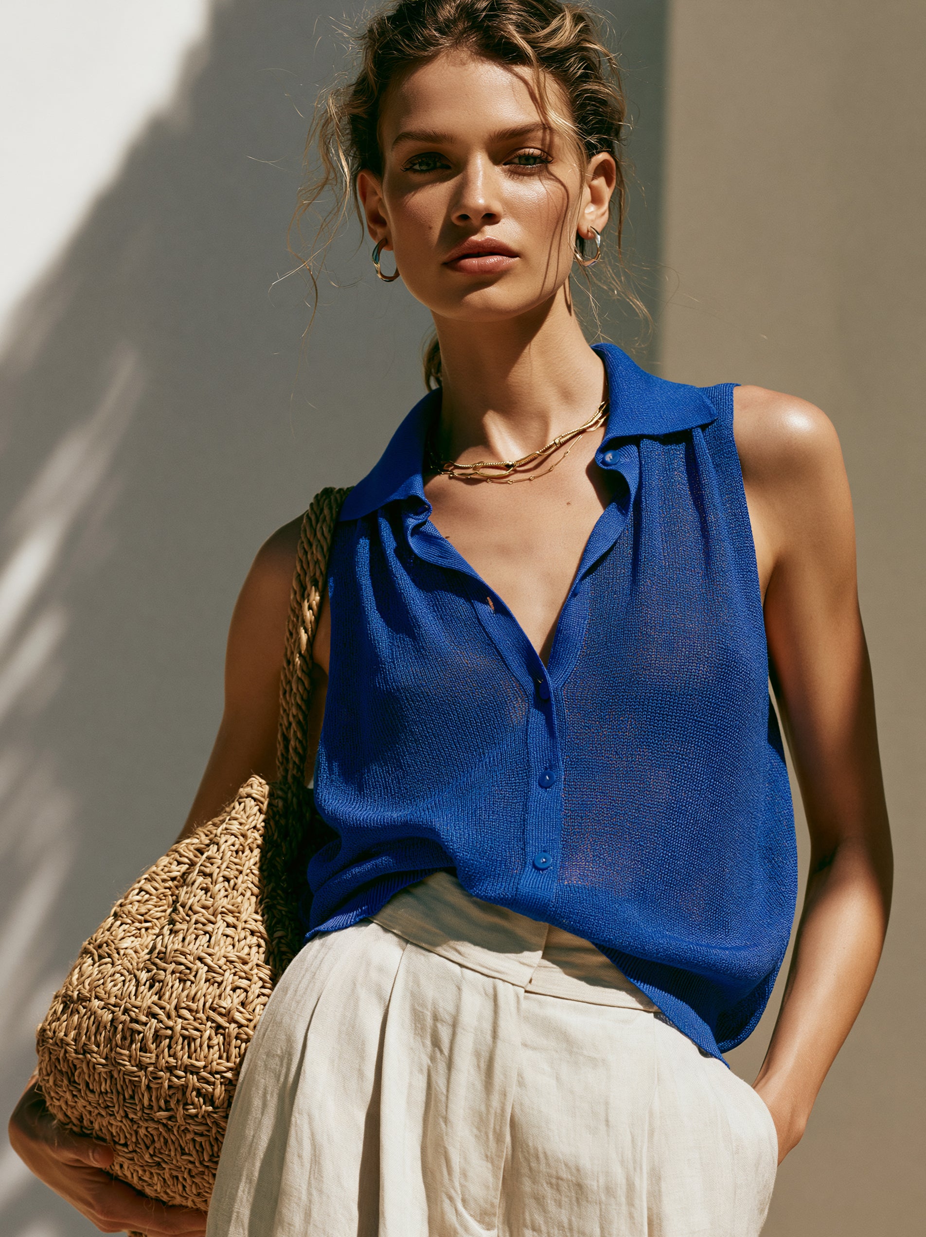 Liserie Sleeveless Knit Polo Top