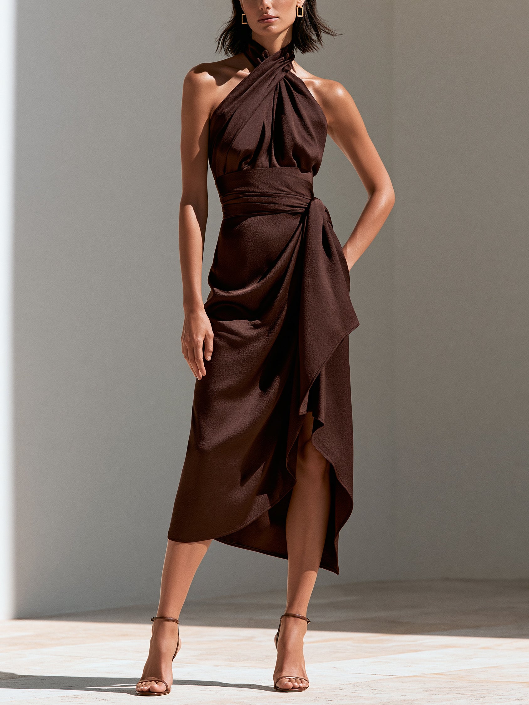 Liserie Mocha Satin Halter Draped Dress