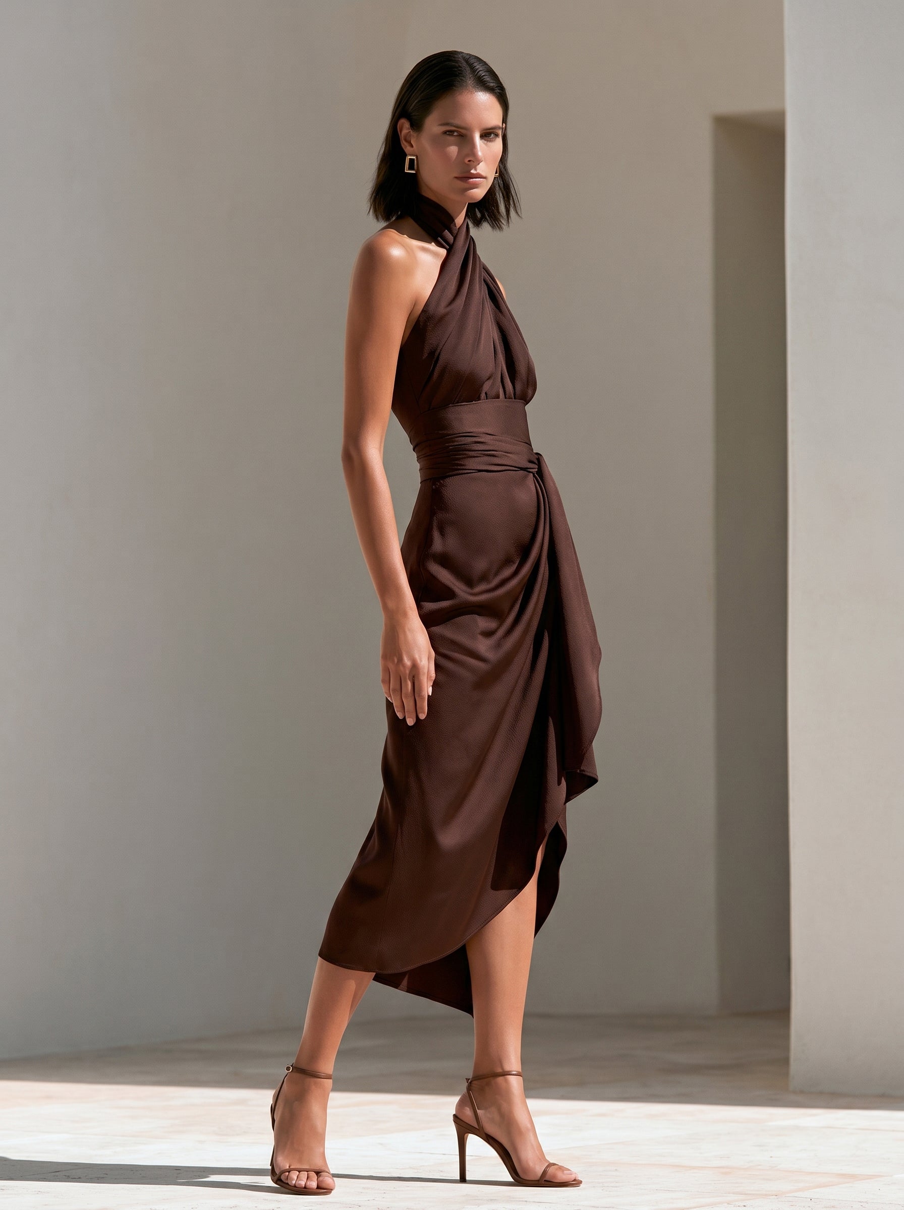 Liserie Mocha Satin Halter Draped Dress