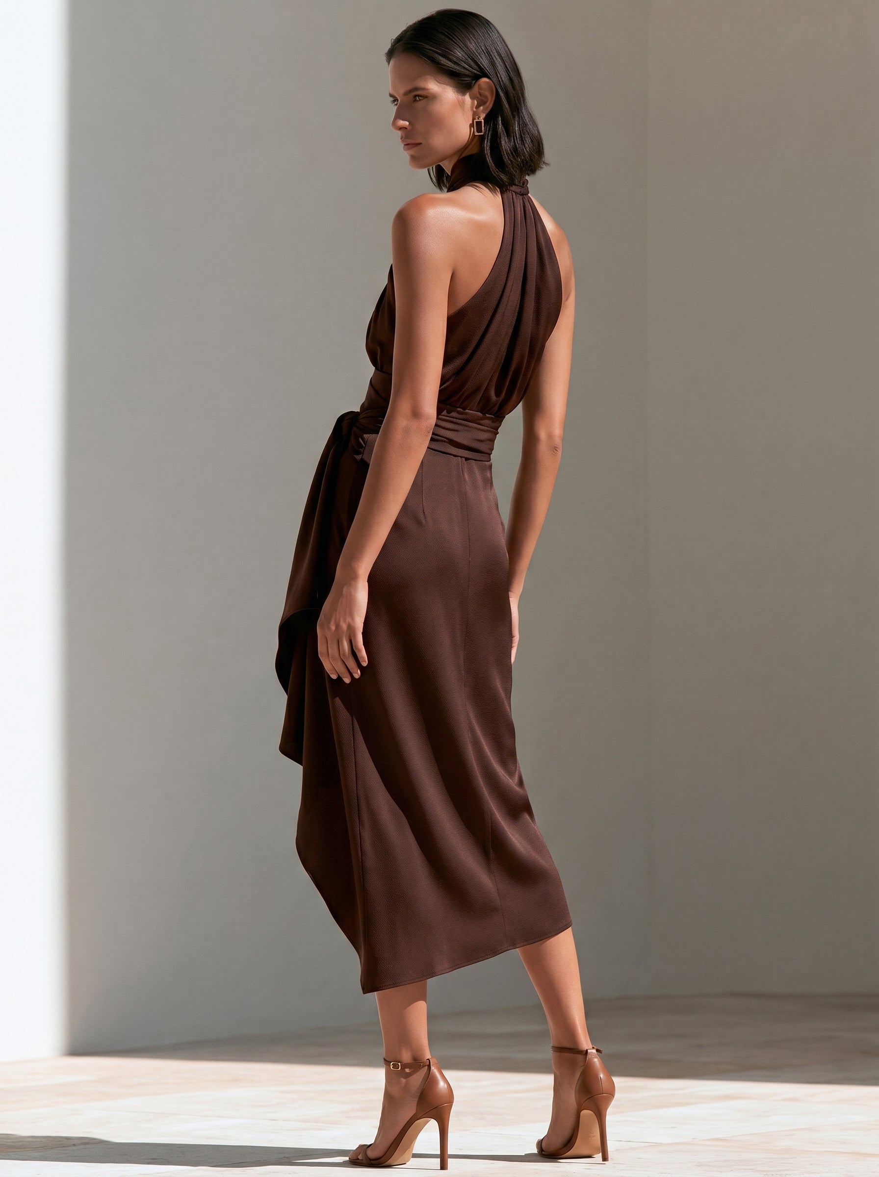 Liserie Mocha Satin Halter Draped Dress