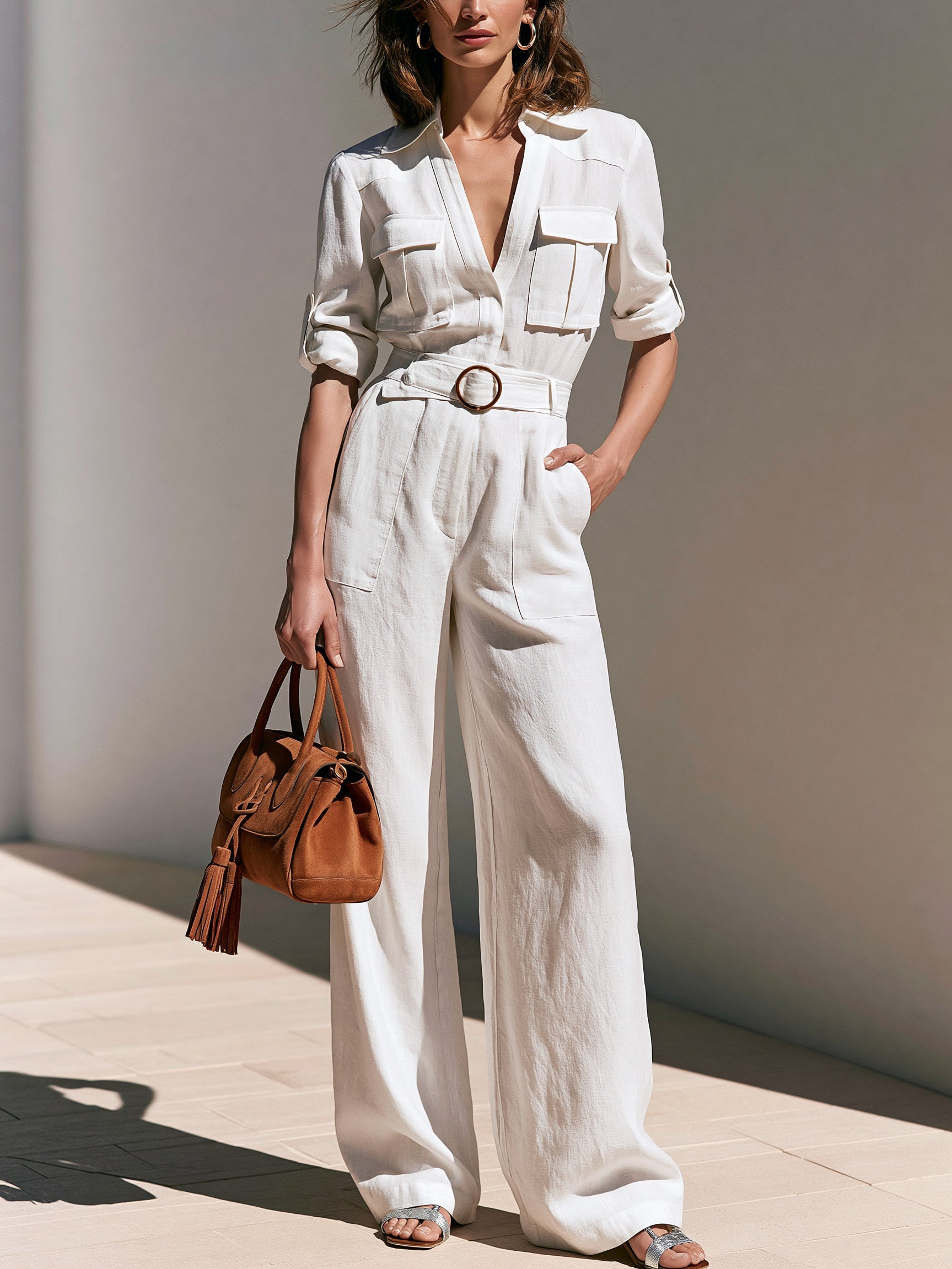 Liserie White Linen  Belted Long Sleeve Jumpsuit