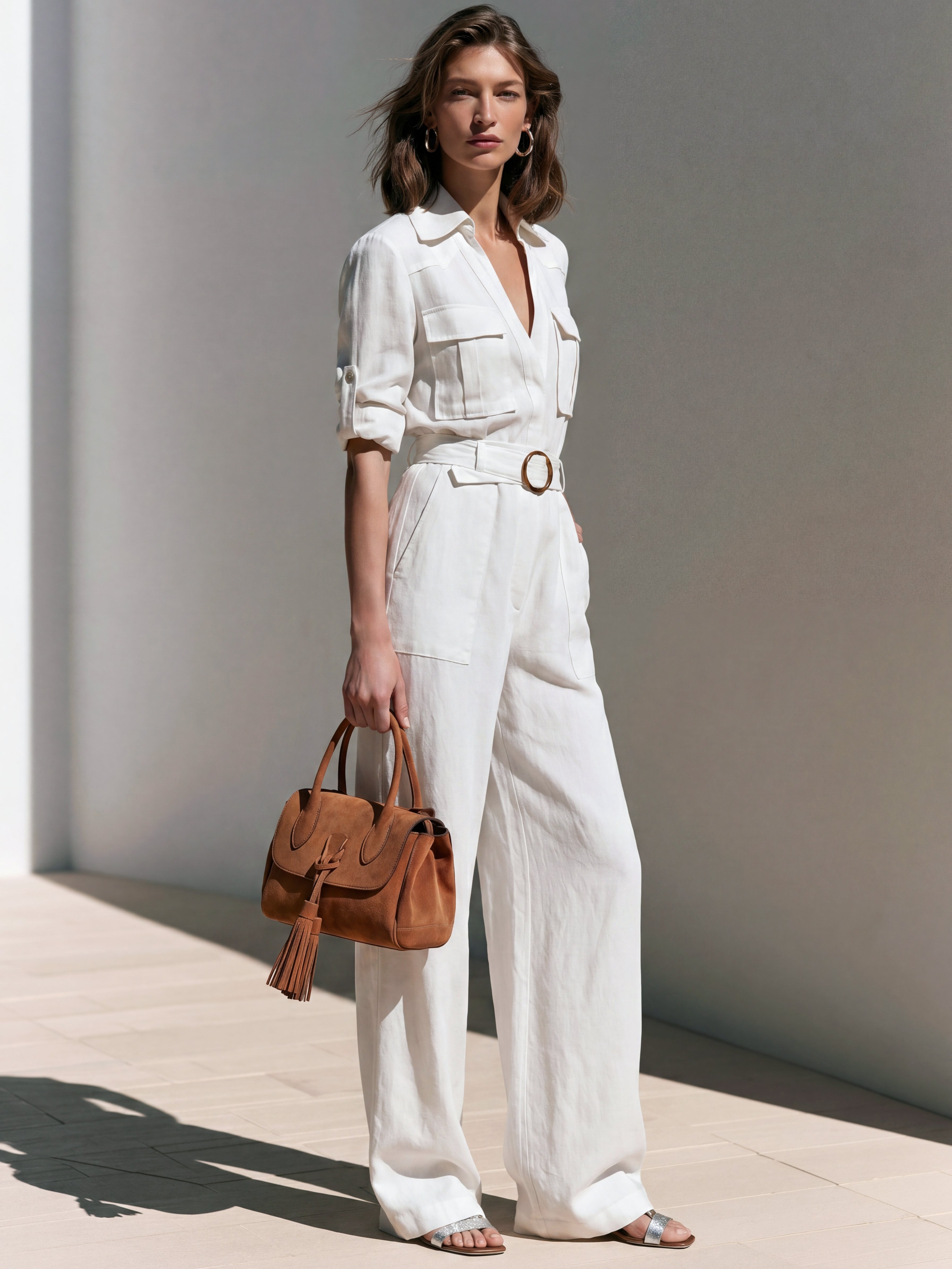 Liserie White Linen  Belted Long Sleeve Jumpsuit