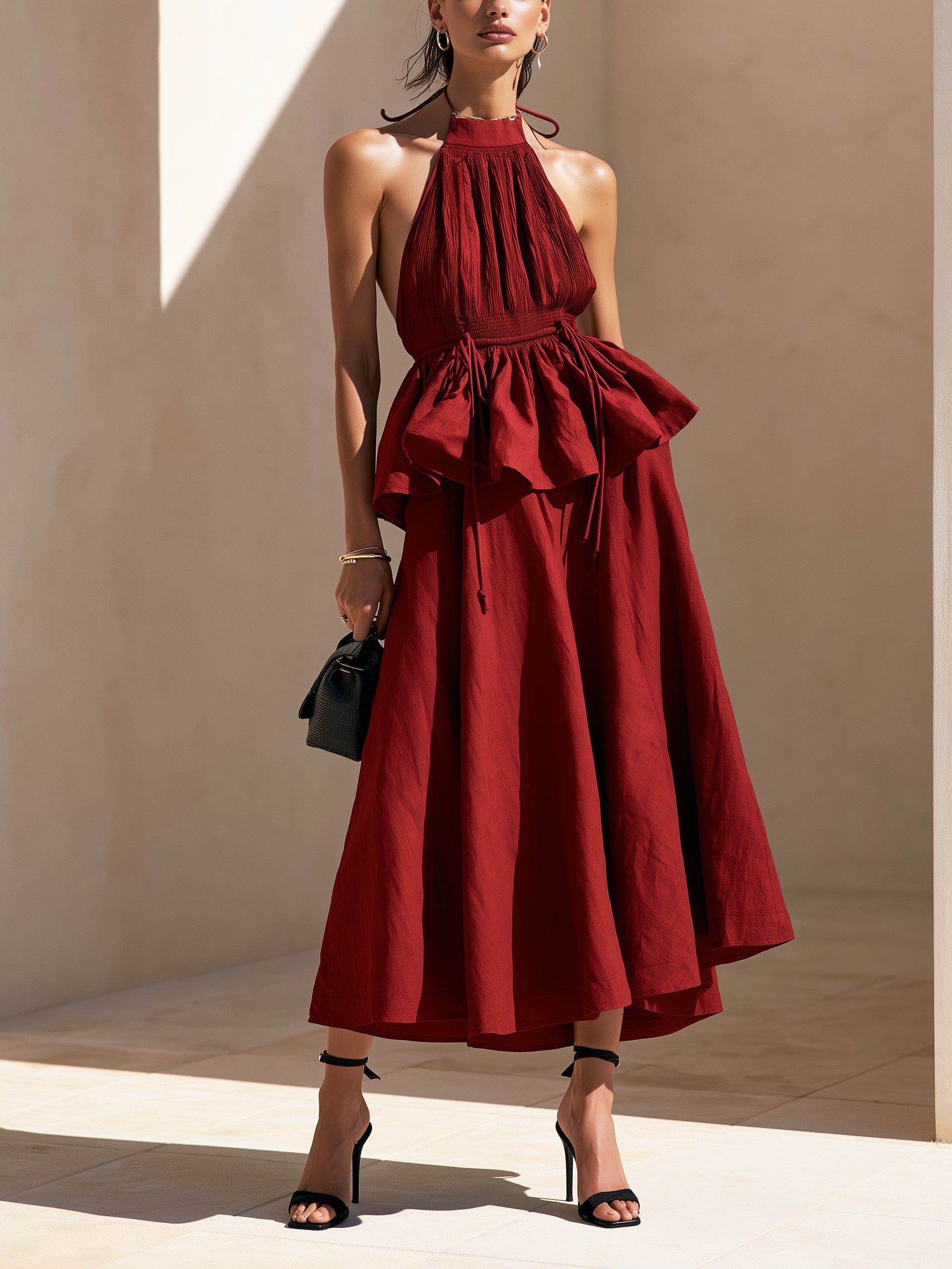 Liserie Sunset Red Backless Halter Maxi Dress set