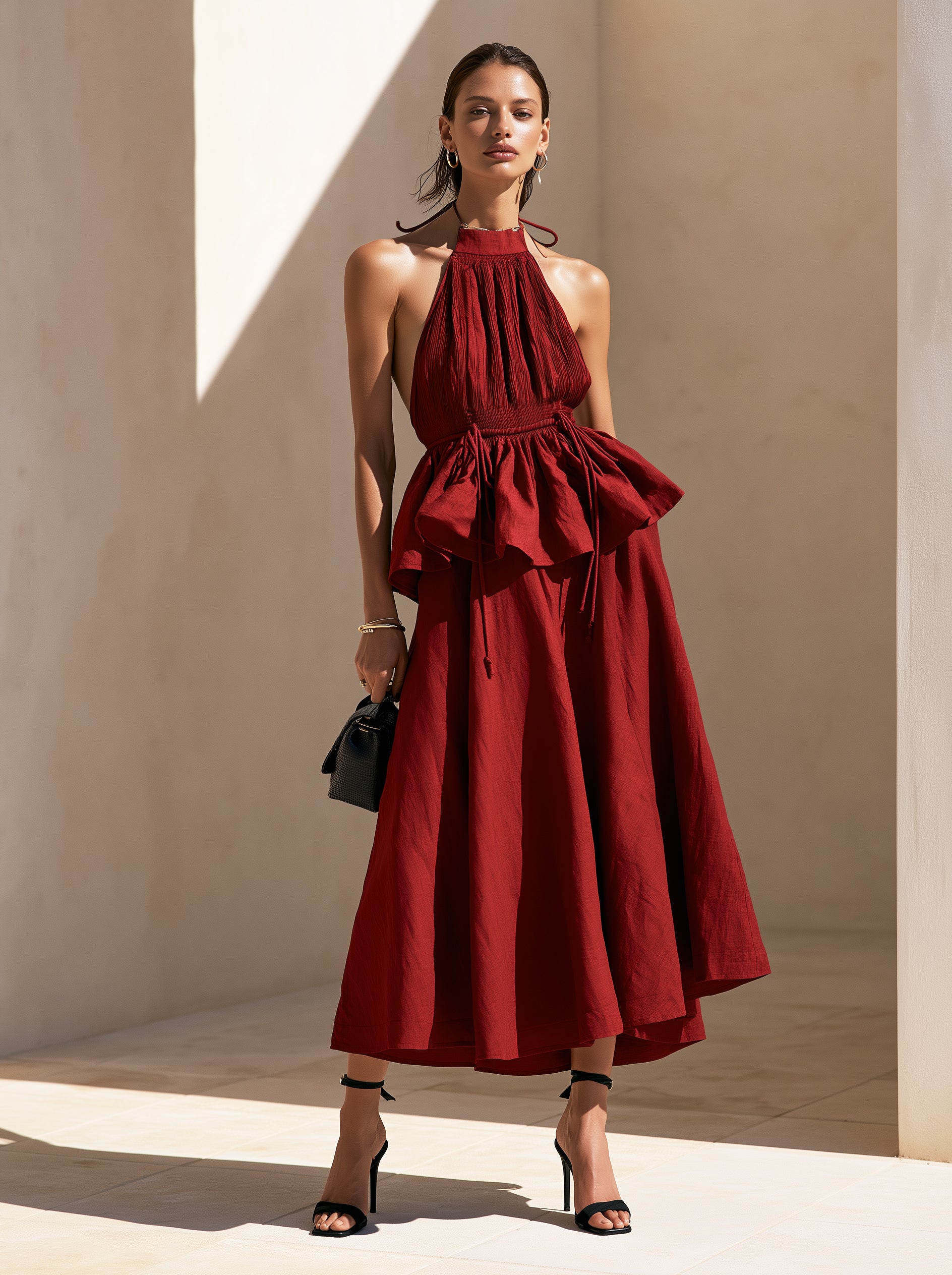 Liserie Sunset Red Backless Halter Maxi Dress set