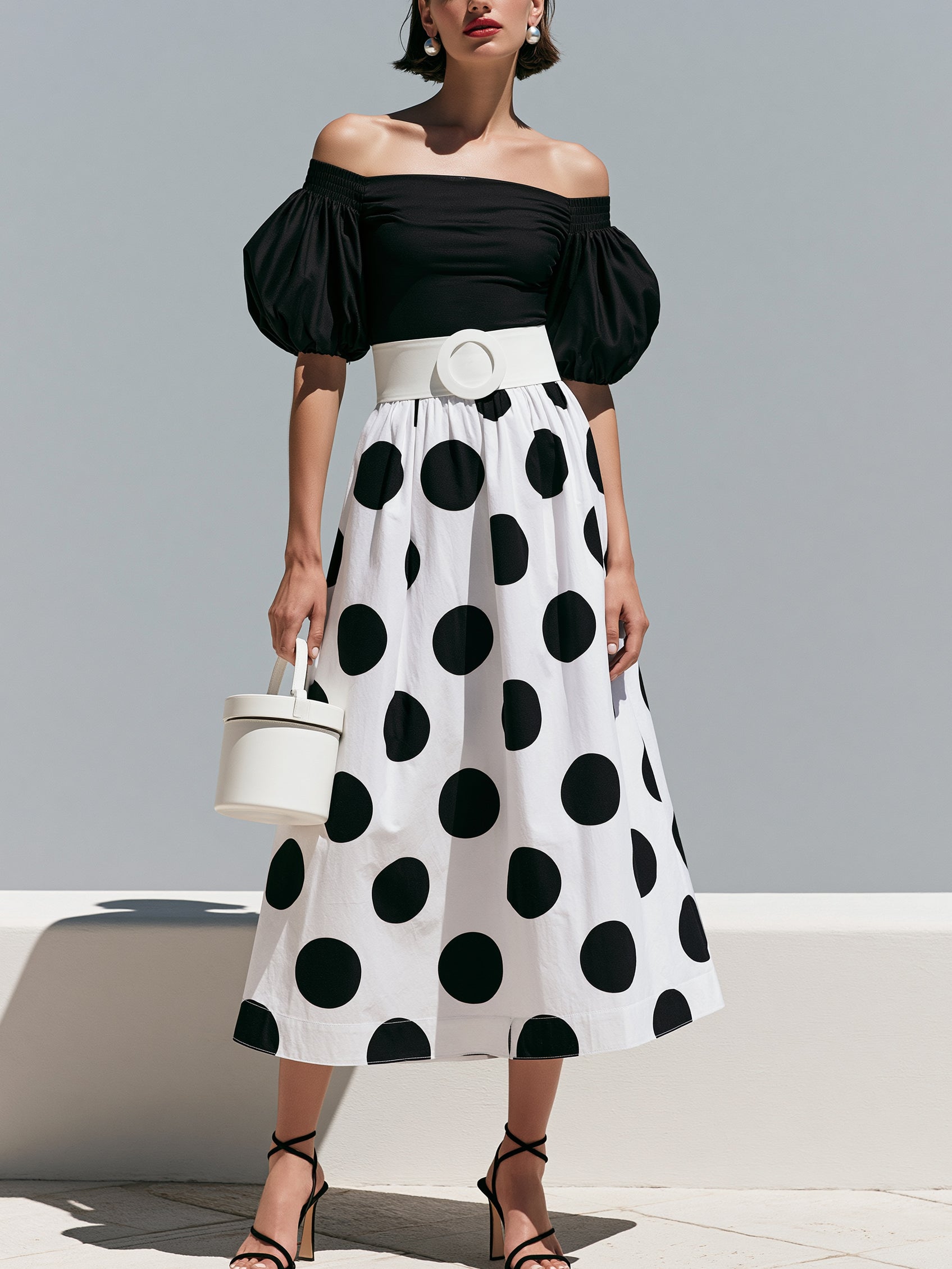 Liserie Off-The-Shoulder Polka Dot Midi Dress With Wide Belt