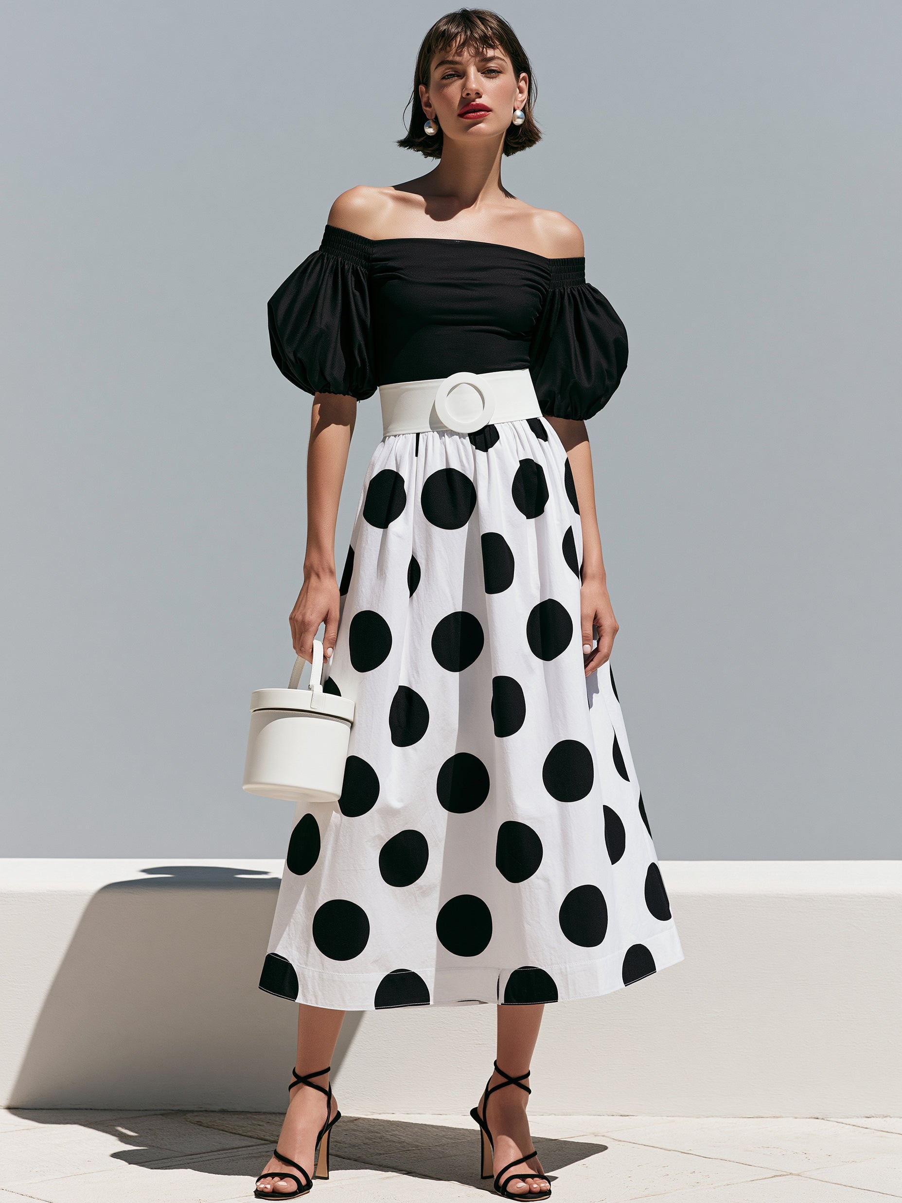Liserie Off-The-Shoulder Polka Dot Midi Dress With Wide Belt
