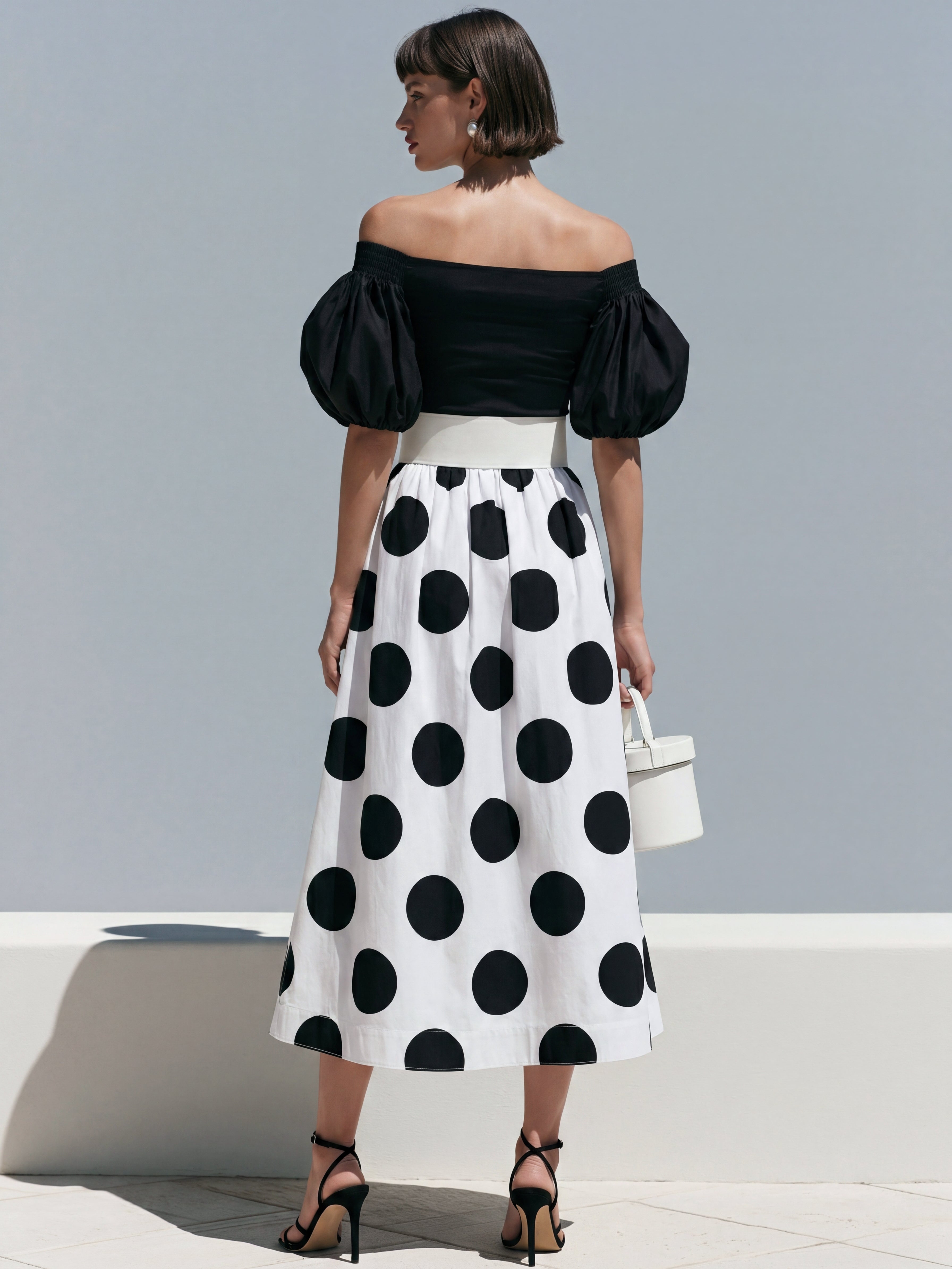 Liserie Off-The-Shoulder Polka Dot Midi Dress With Wide Belt