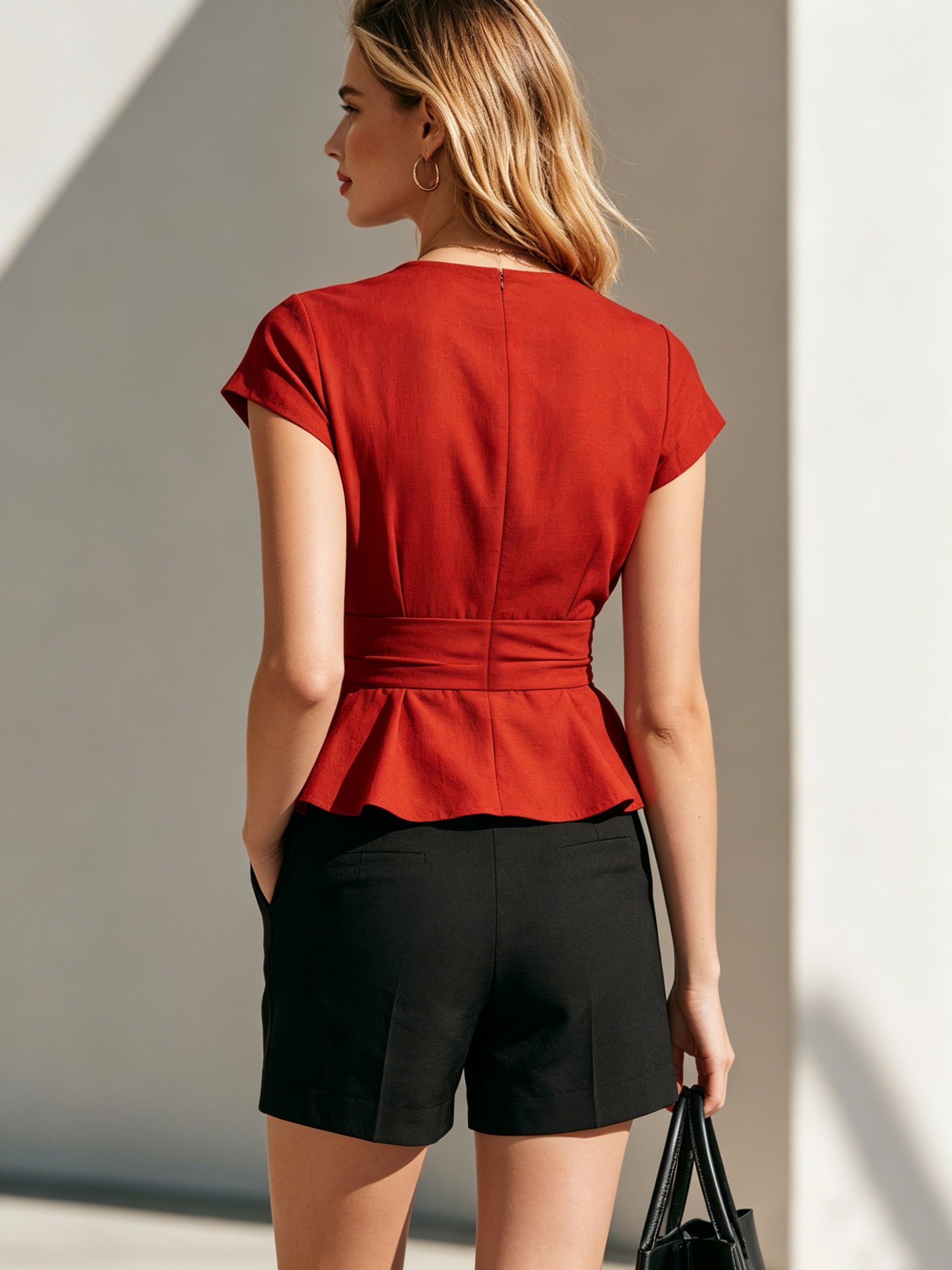 Liserie Linen Red Peplum Top & Black  Tailored Shorts Set