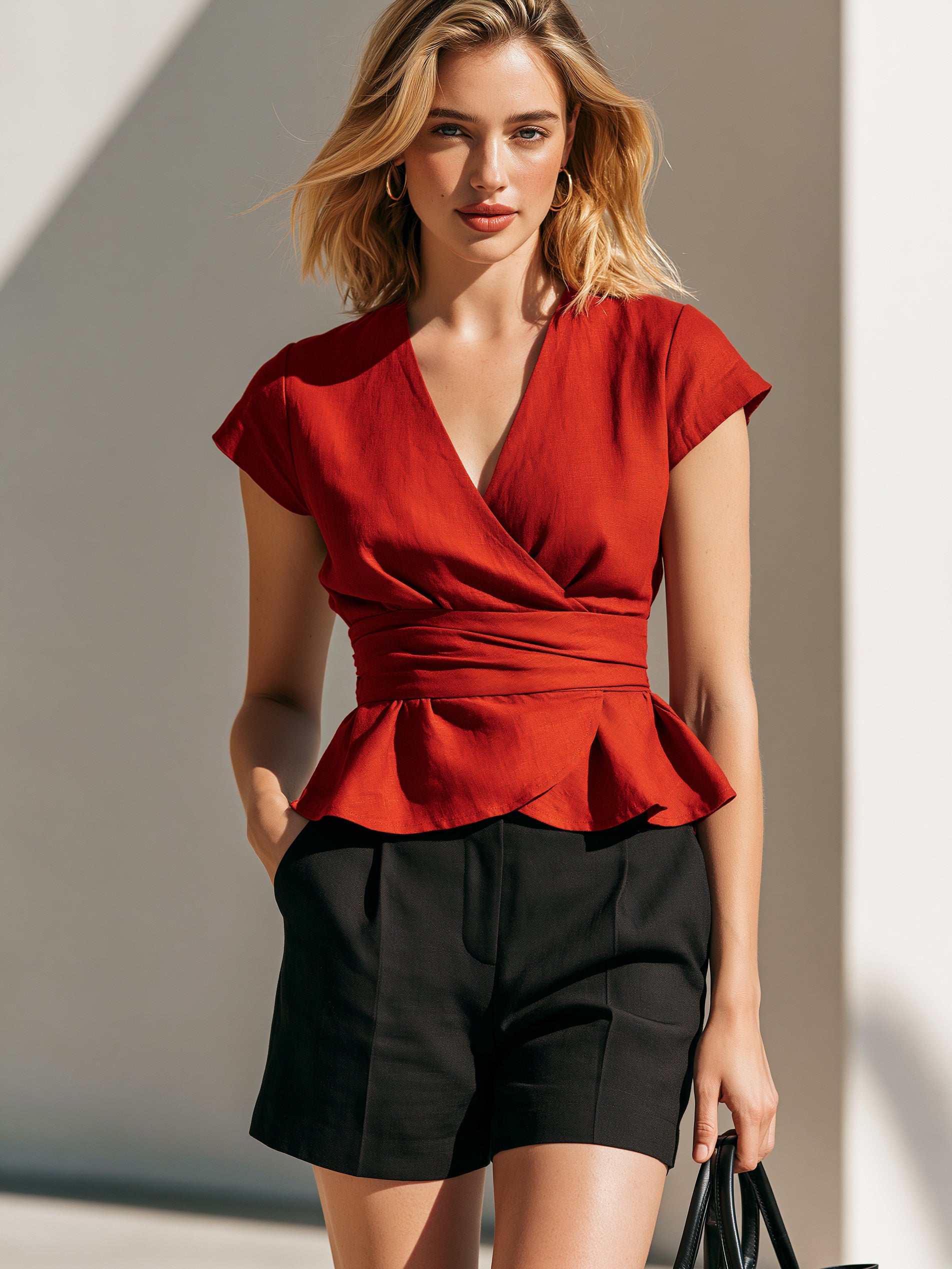 Liserie Linen Red Peplum Top & Black  Tailored Shorts Set