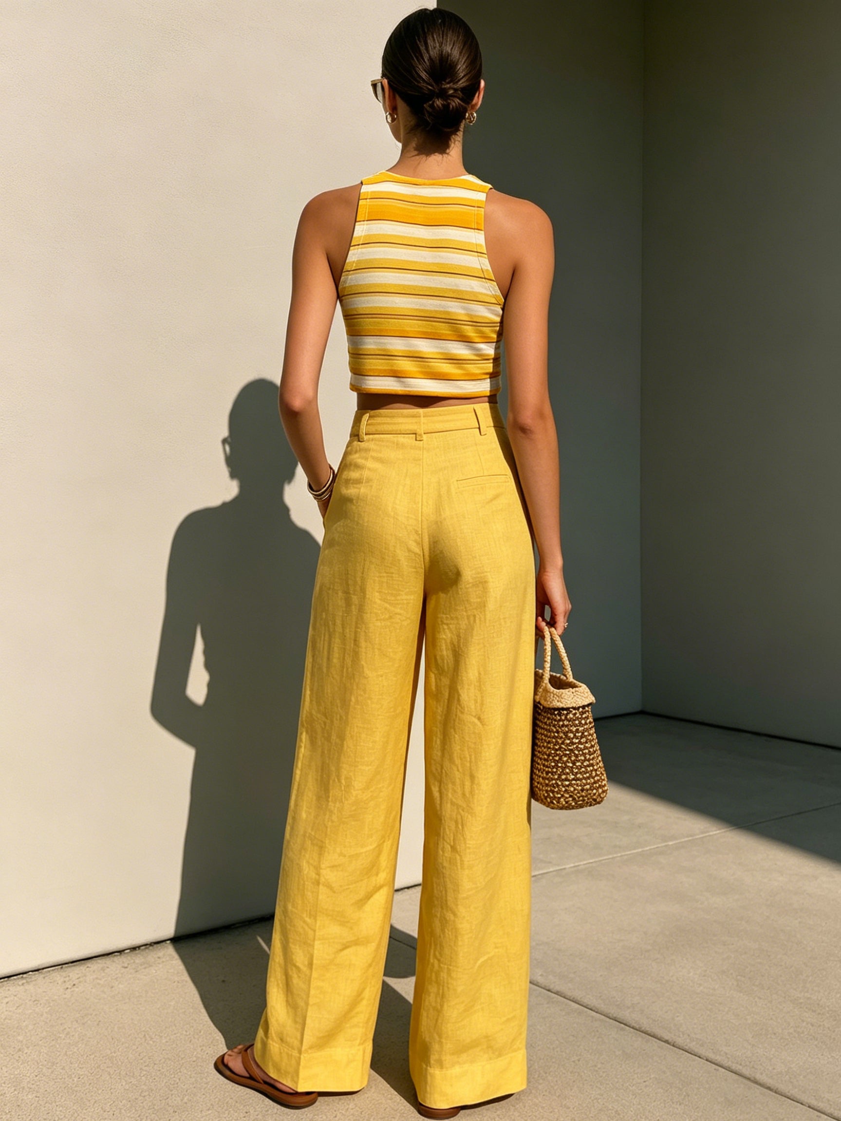 Liserie Yellow Striped Top &Linen Wide-Leg Pants Set