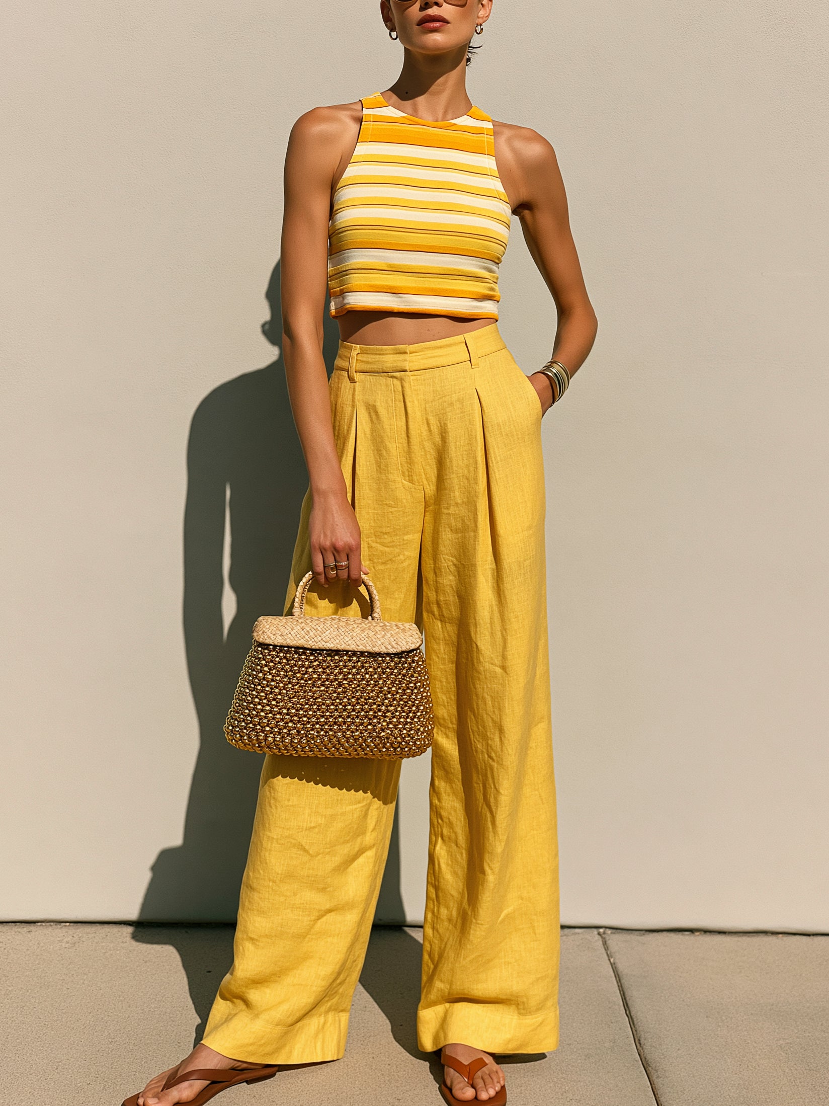 Liserie Yellow Striped Top &Linen Wide-Leg Pants Set