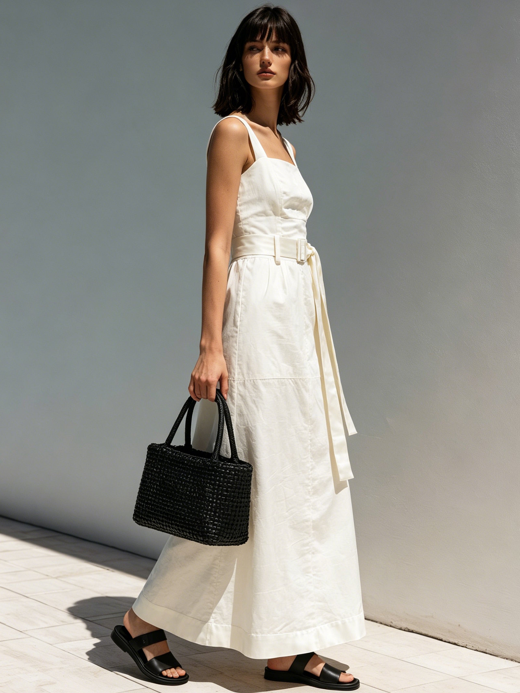 Liserie Linen White Midi Dress With Satin Contrast