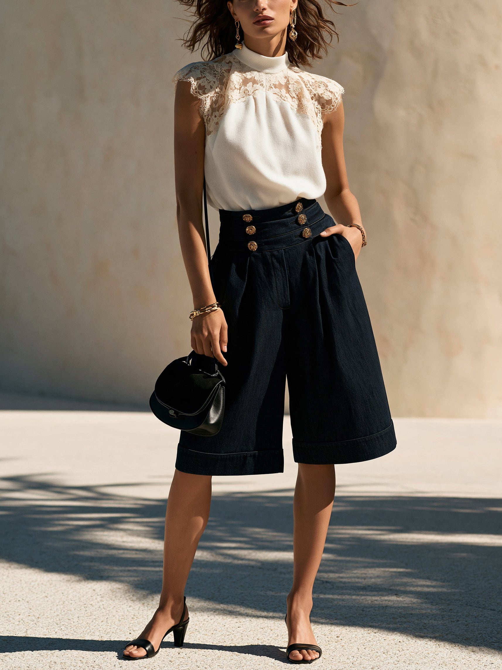 Liserie Lace-Paneled Sleeveless Top &Gold-Button Wide-Leg Cropped