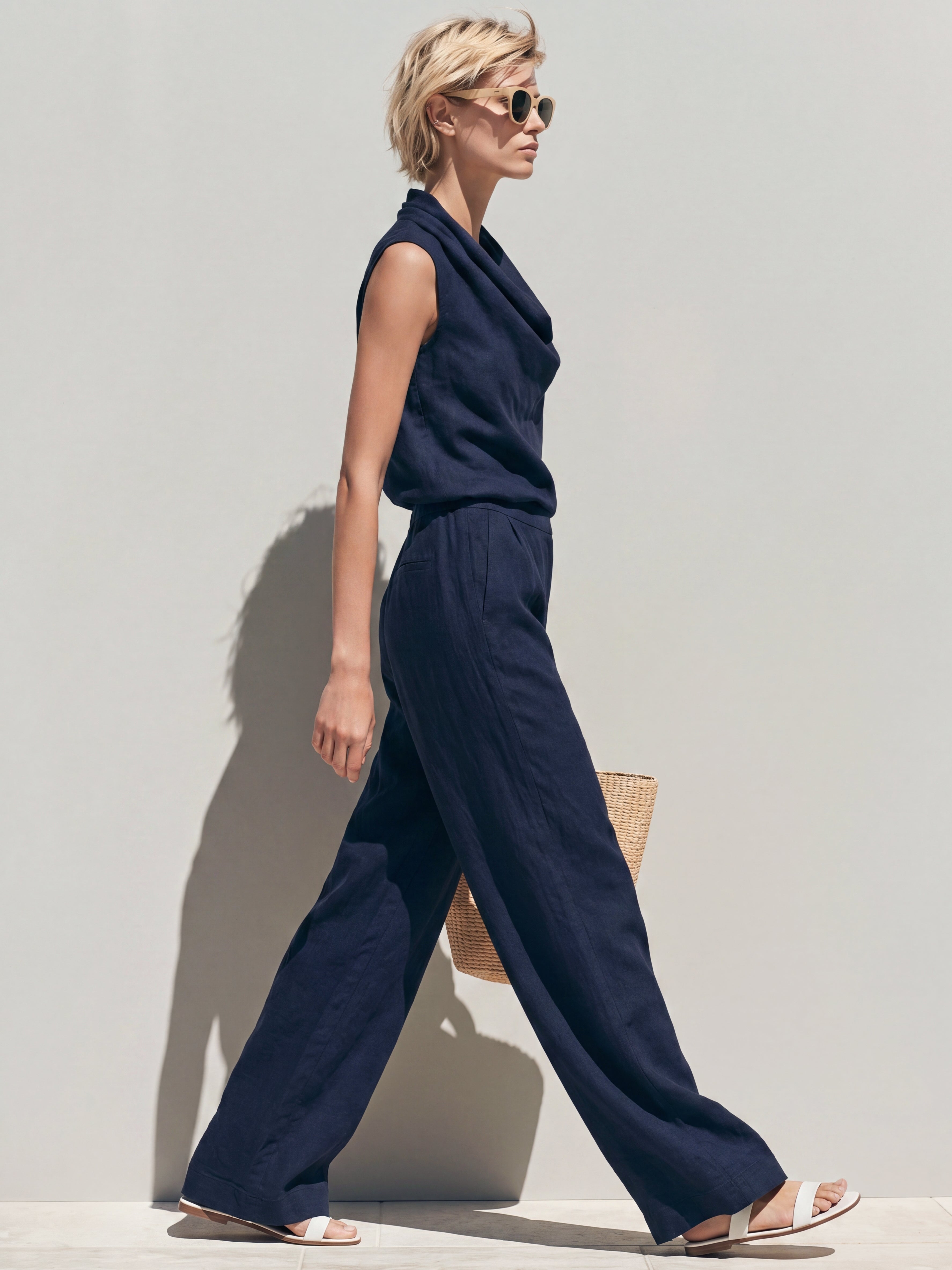 Liserie Linen Cowl Neck Top & Wide-Leg Trouser Set