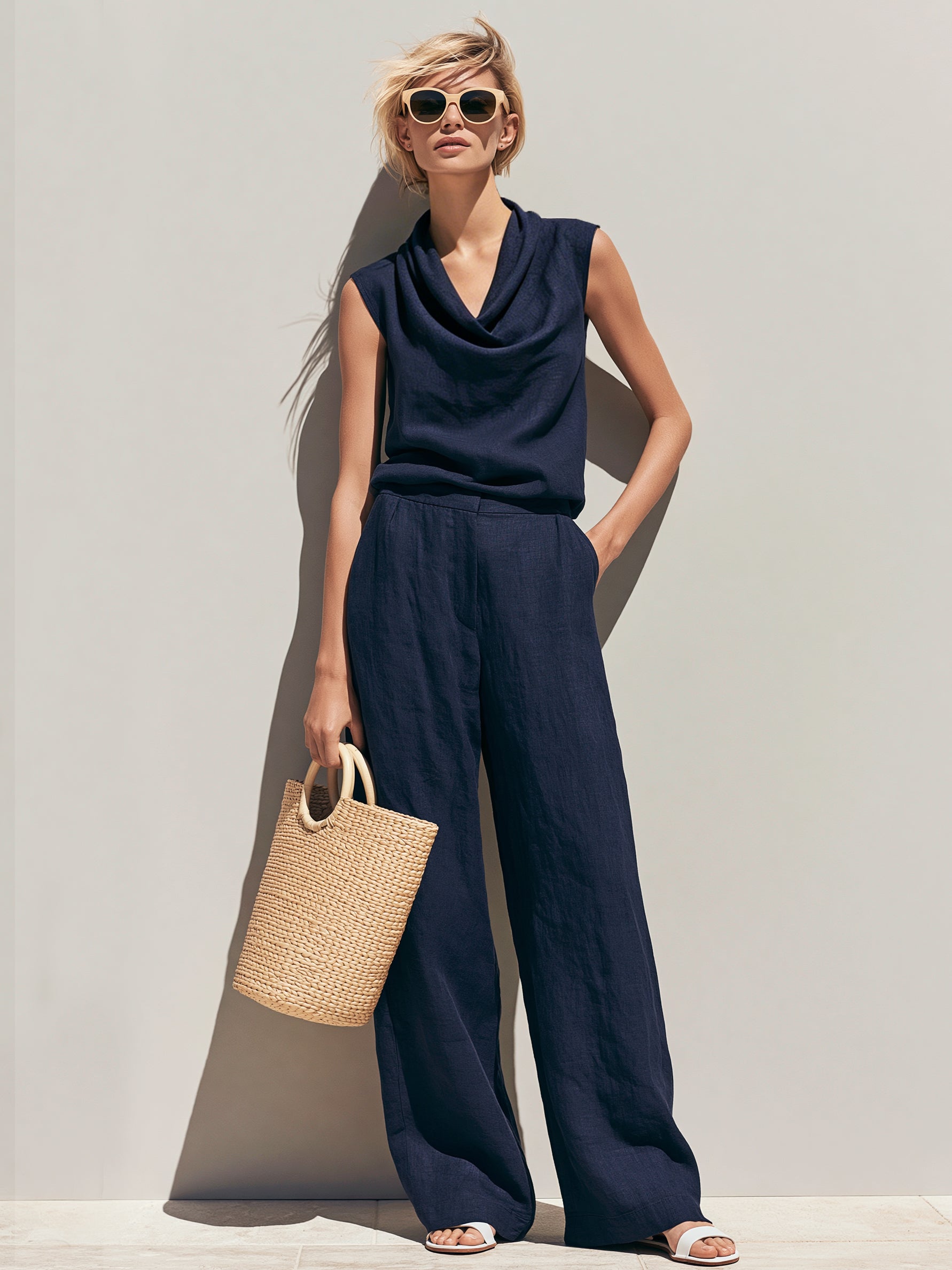 Liserie Linen Cowl Neck Top & Wide-Leg Trouser Set