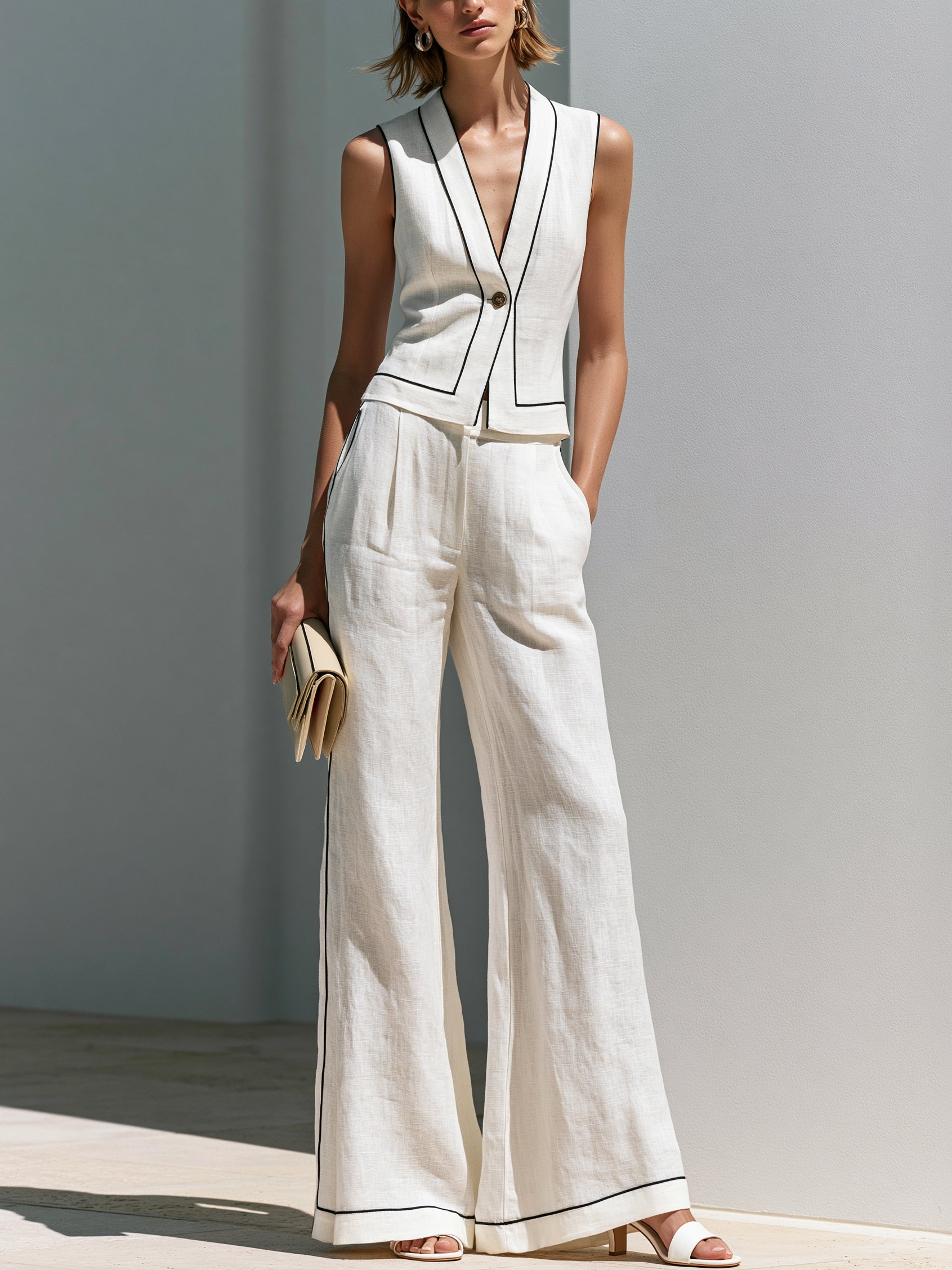 Liserie White Waistcoat & Wide Leg Pants Set