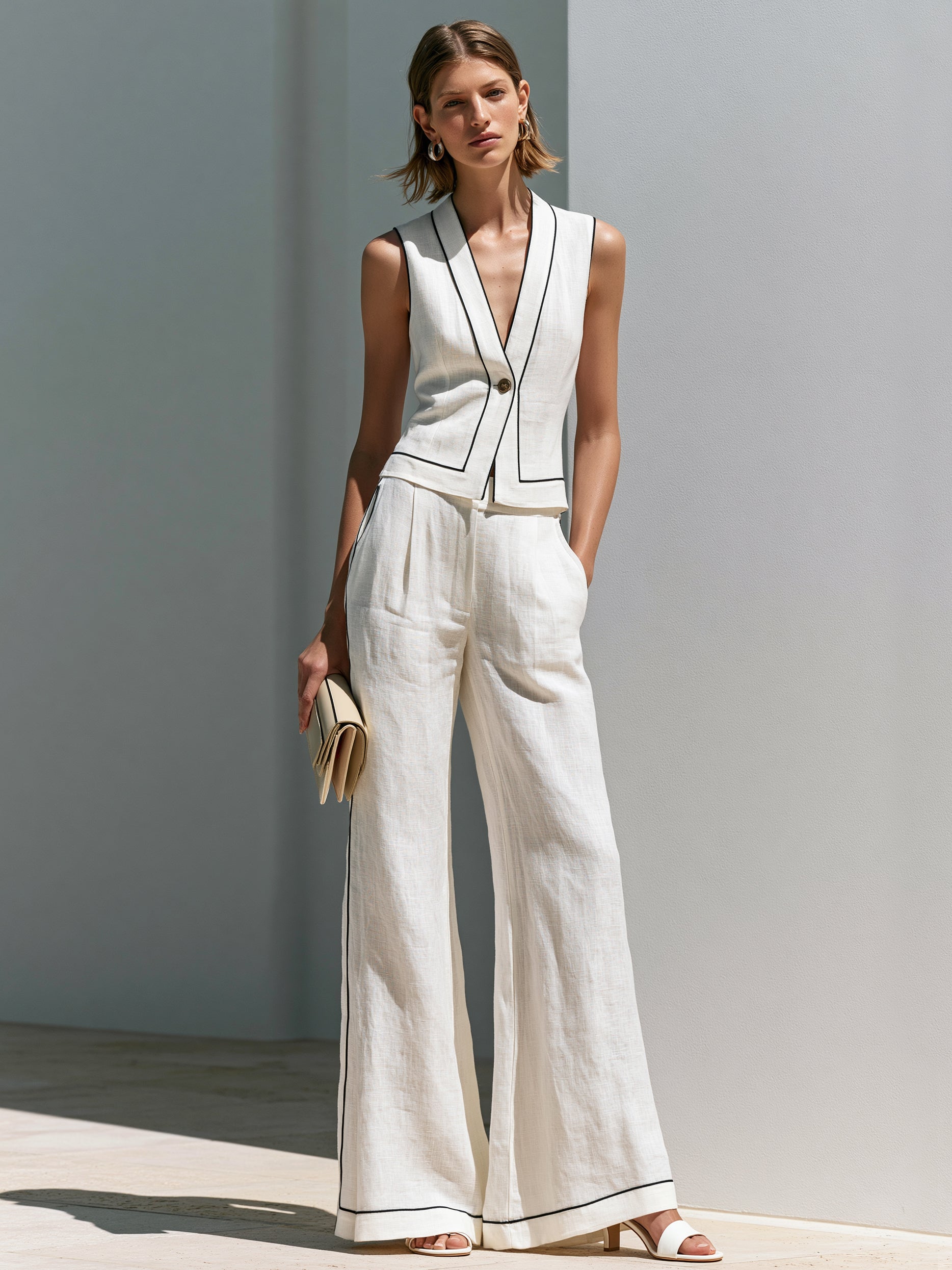 Liserie White Waistcoat & Wide Leg Pants Set