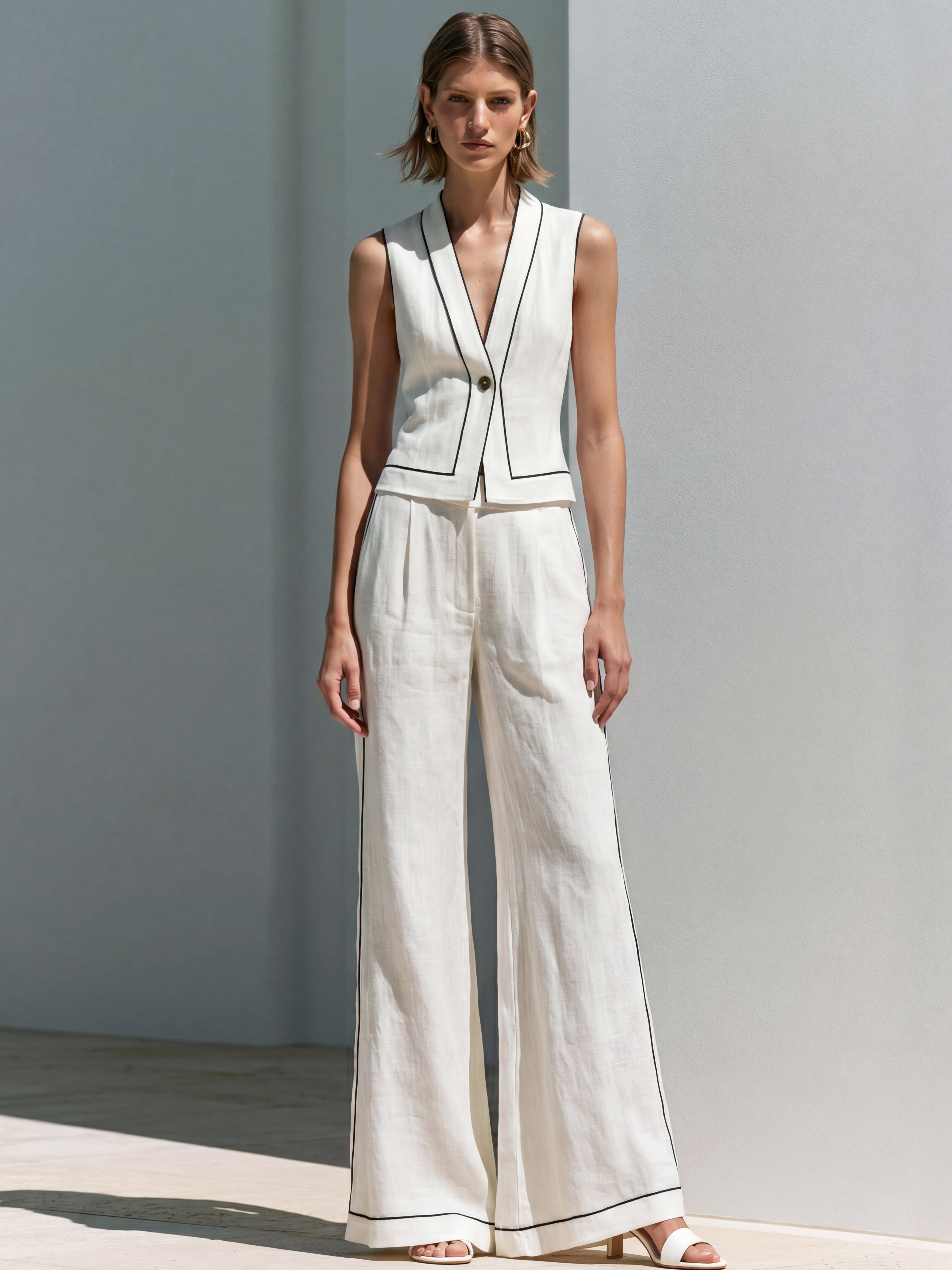 Liserie White Waistcoat & Wide Leg Pants Set