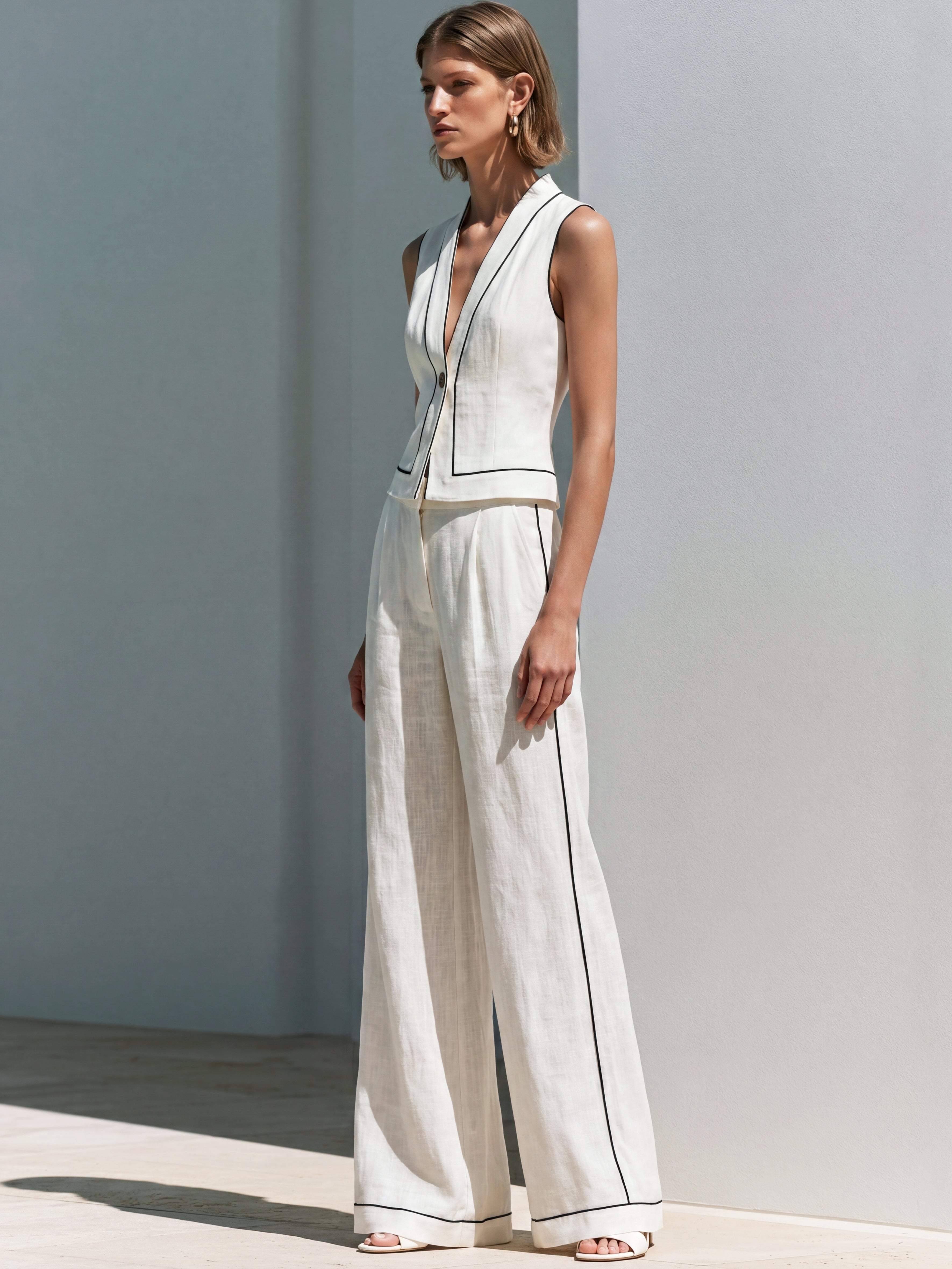 Liserie White Waistcoat & Wide Leg Pants Set