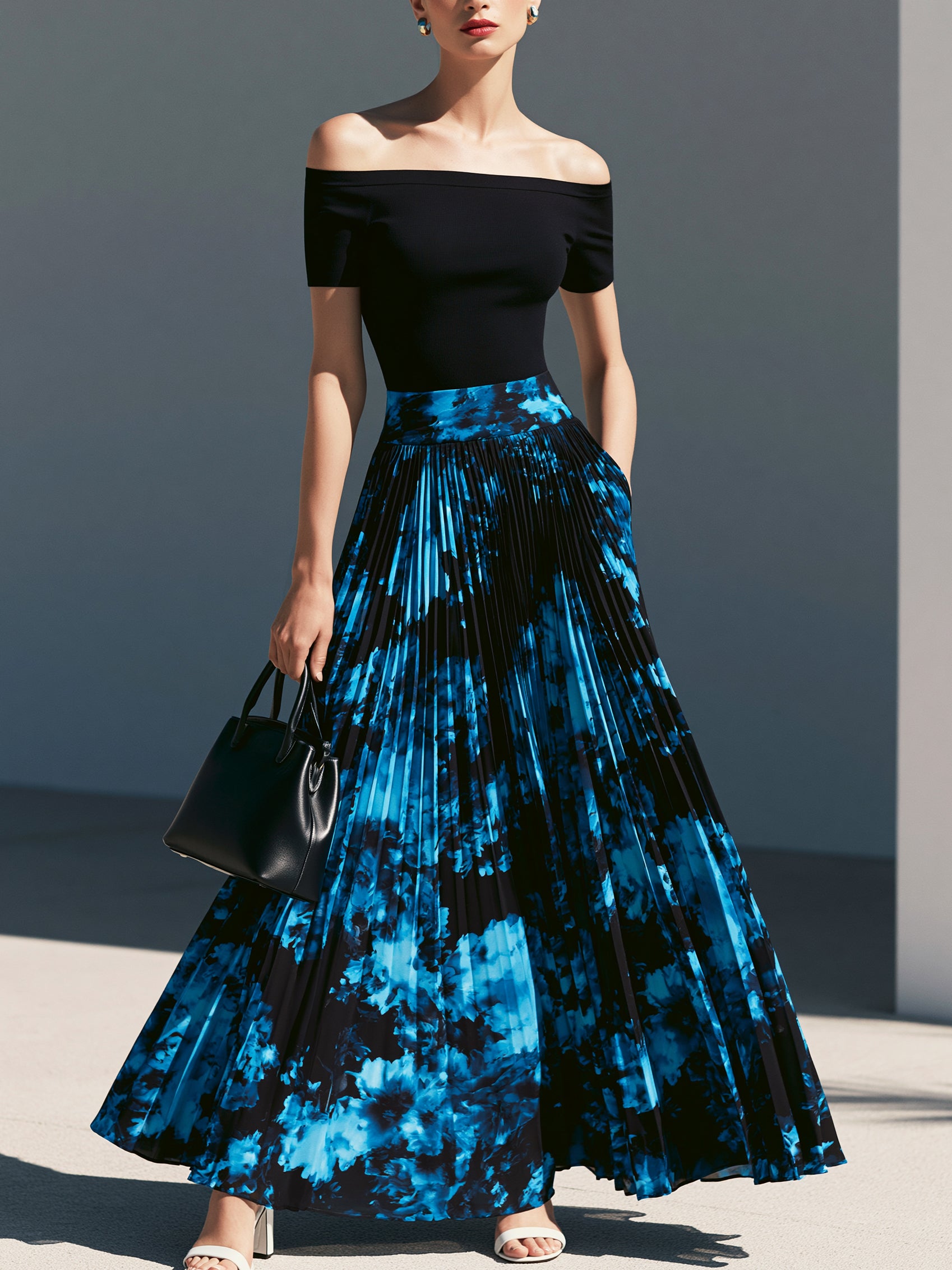 Liserie  Knit Top & Blue Floral Print Pleated Maxi Skirt Set