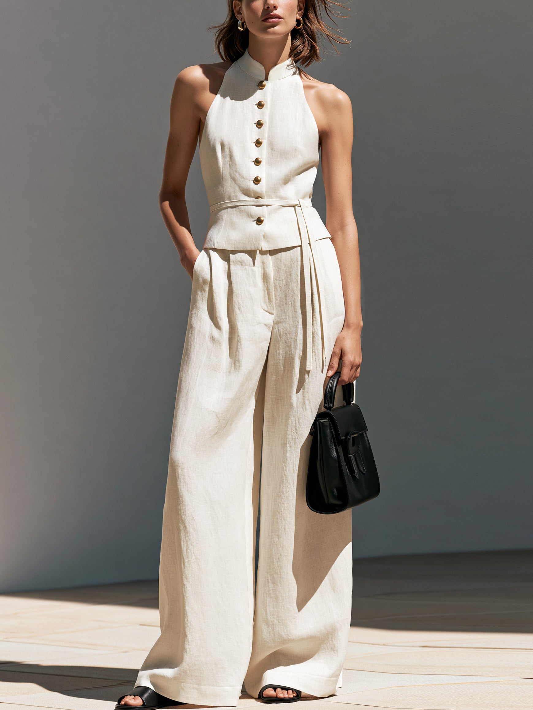 Liserie Linen Halter Top & High Waist Wide Leg Pants Set