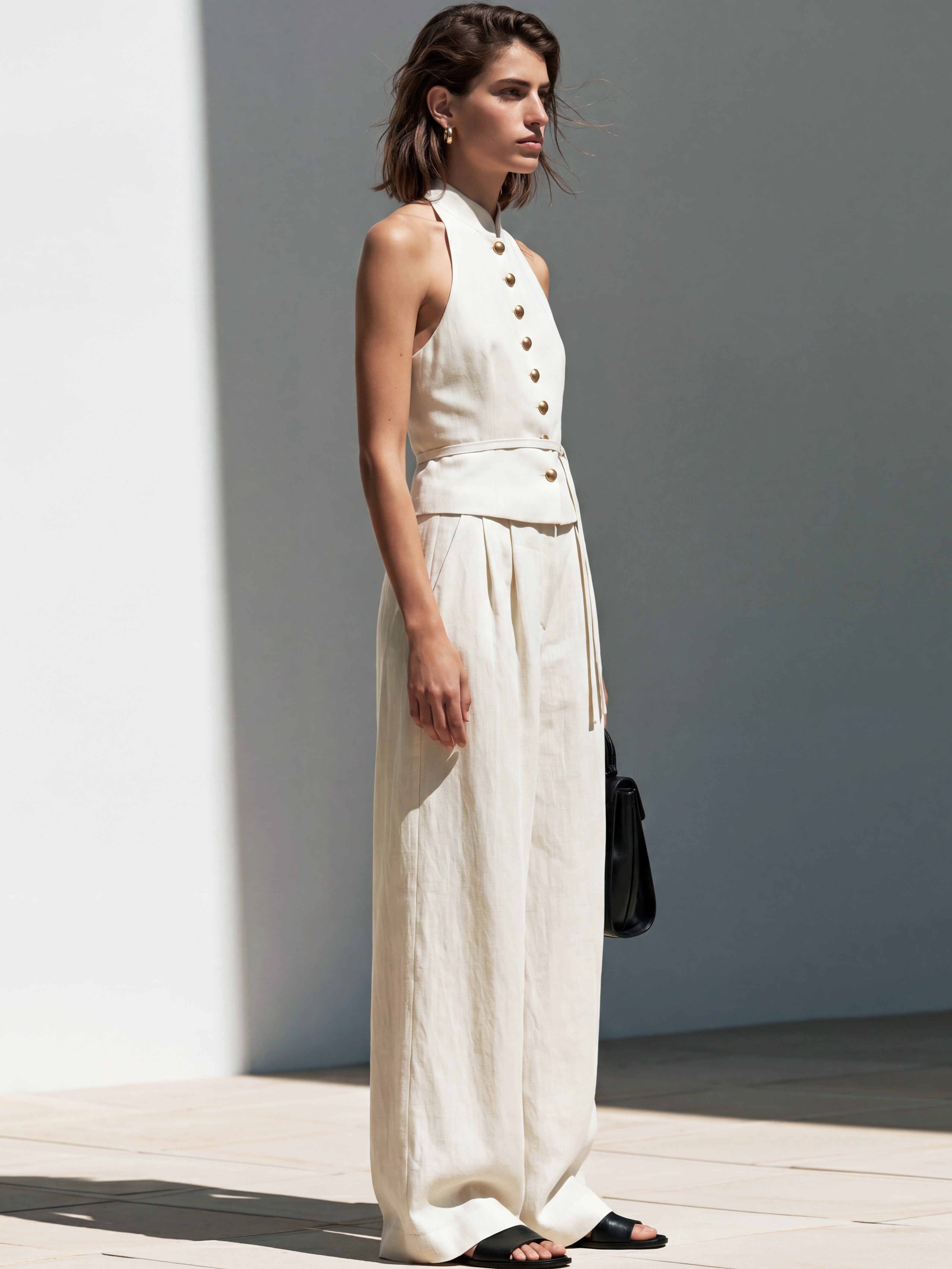 Liserie Linen Halter Top & High Waist Wide Leg Pants Set