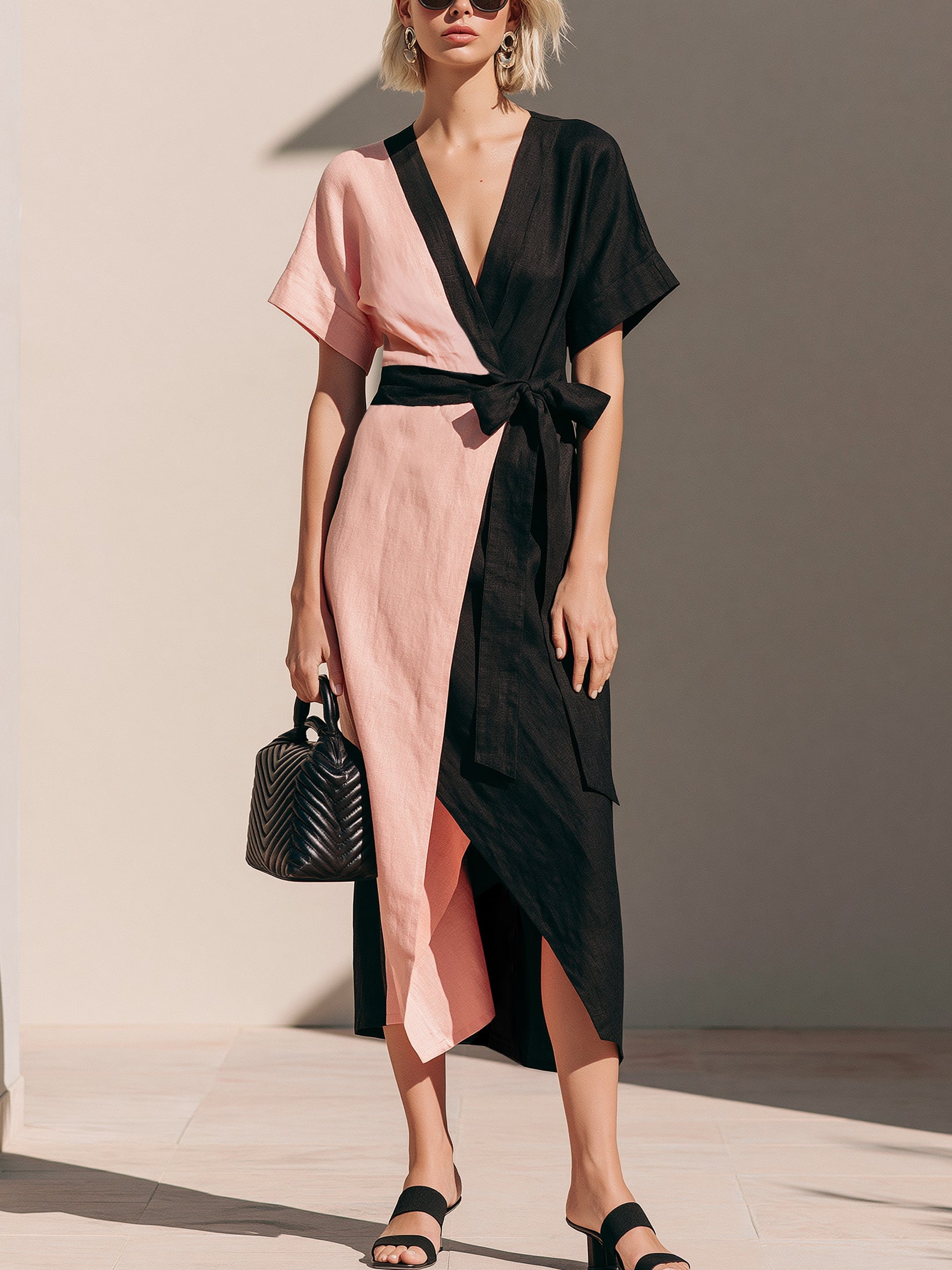 Liserie Linen Black & Blush Wrap Linen Midi Dress