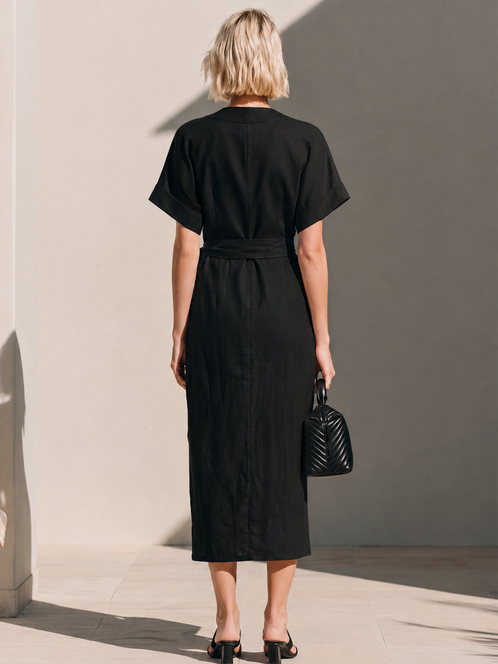 Liserie Linen Black & Blush Wrap Linen Midi Dress