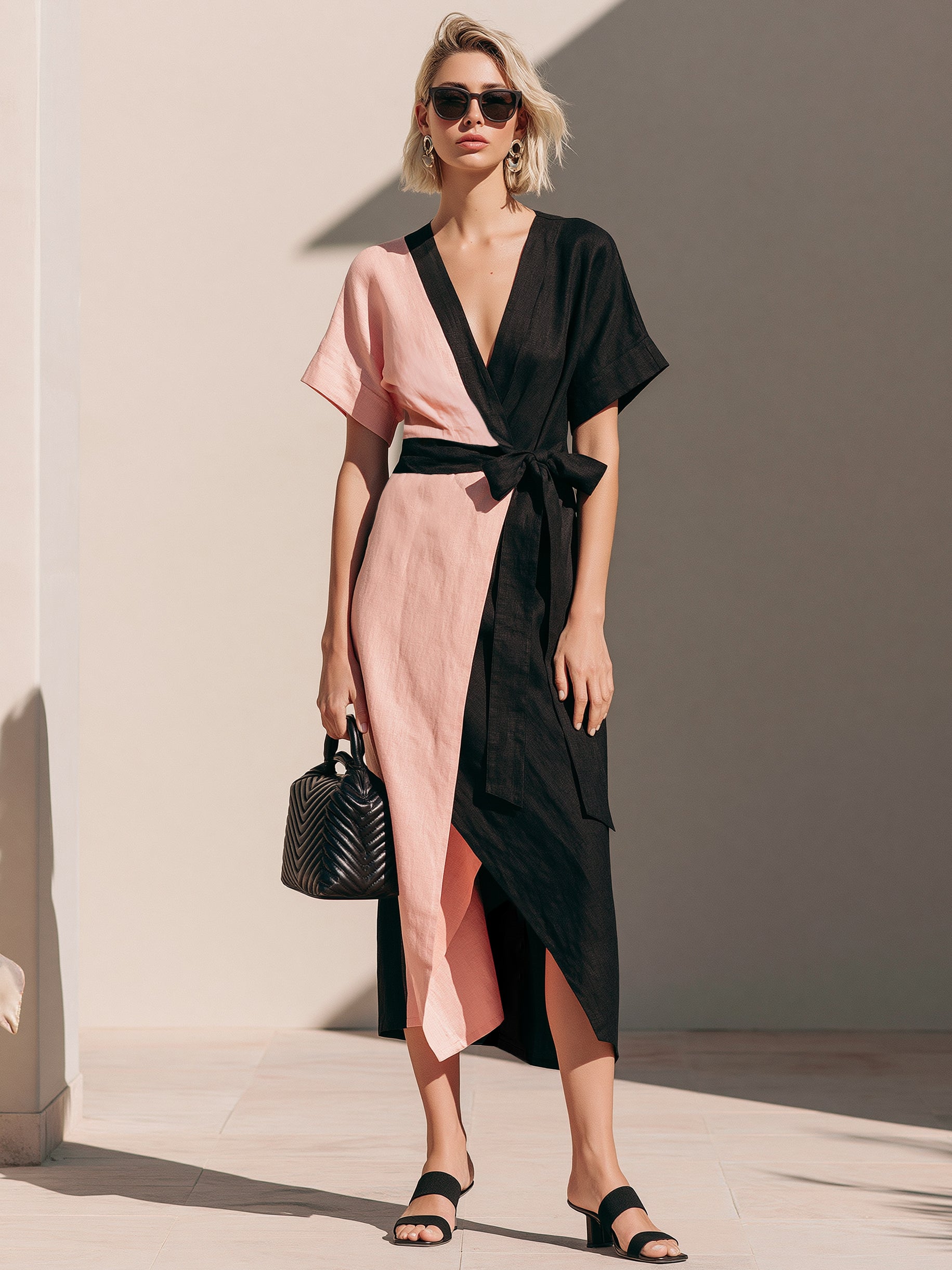 Liserie Linen Black & Blush Wrap Linen Midi Dress