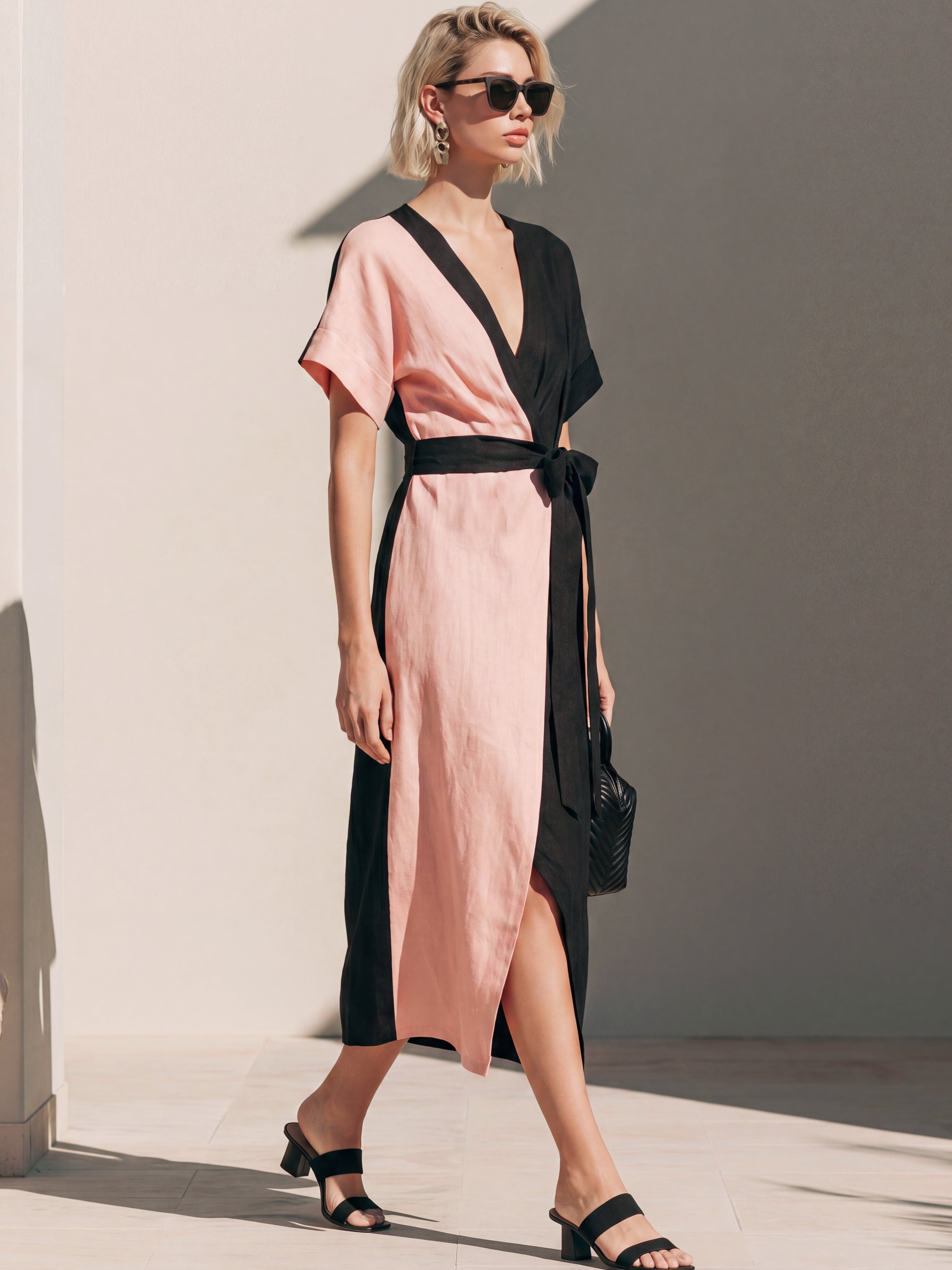 Liserie Linen Black & Blush Wrap Linen Midi Dress