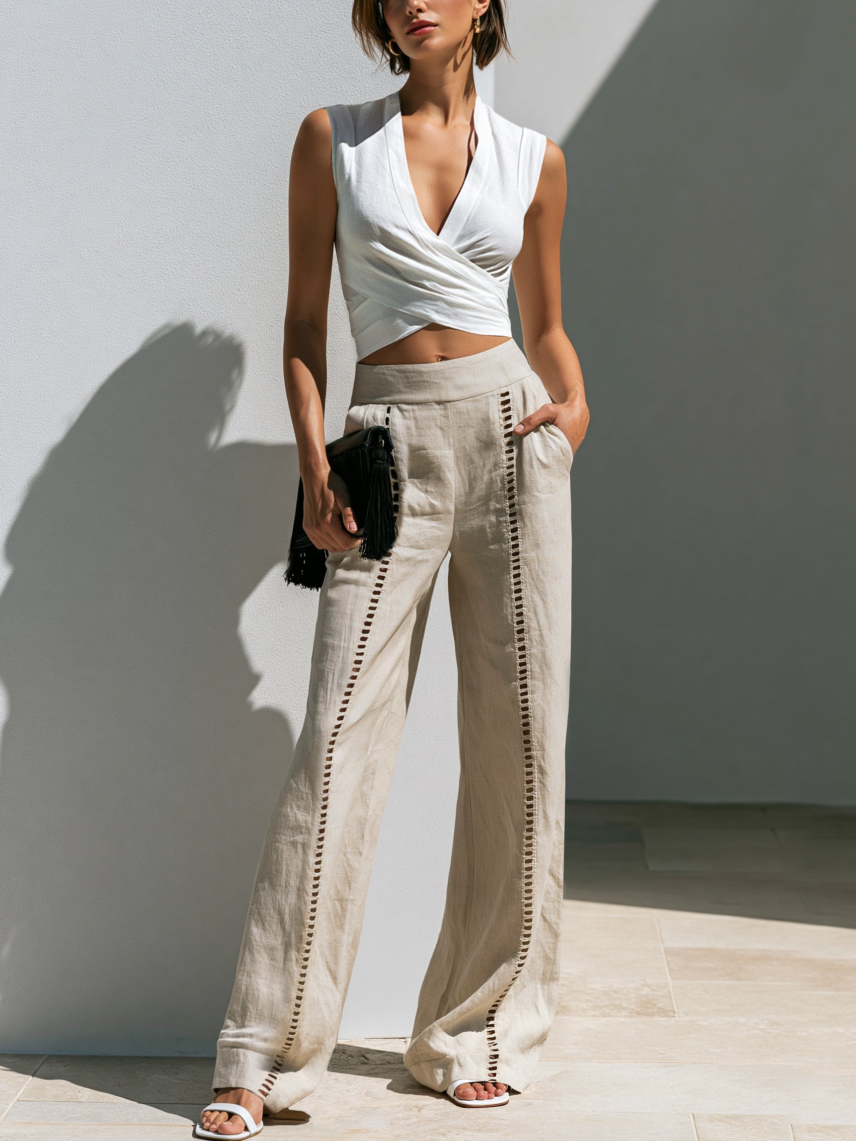 Liserie Linen White Tank &  Eyelet Side Wide Leg Pant Set