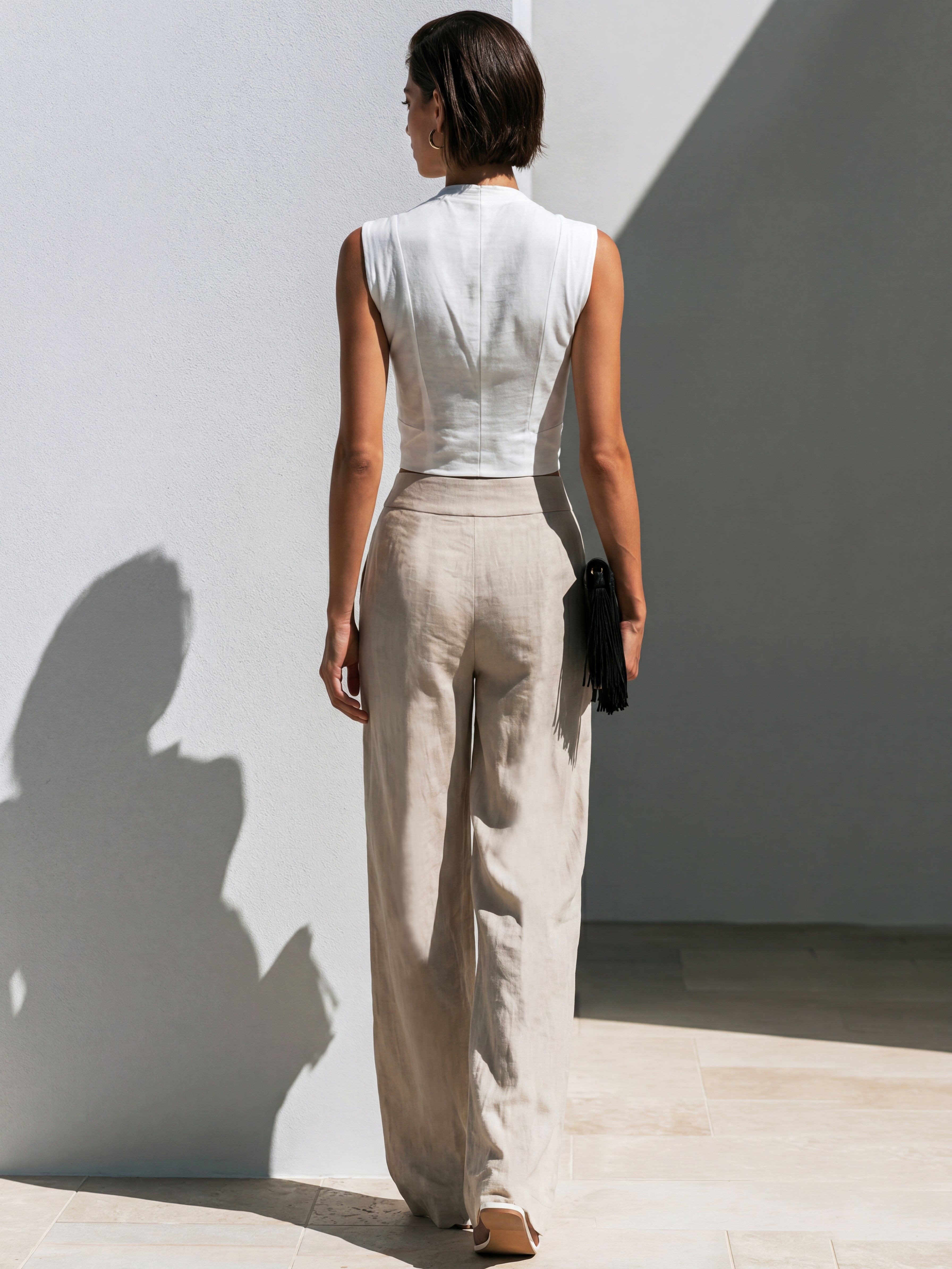 Liserie Linen White Tank &  Eyelet Side Wide Leg Pant Set