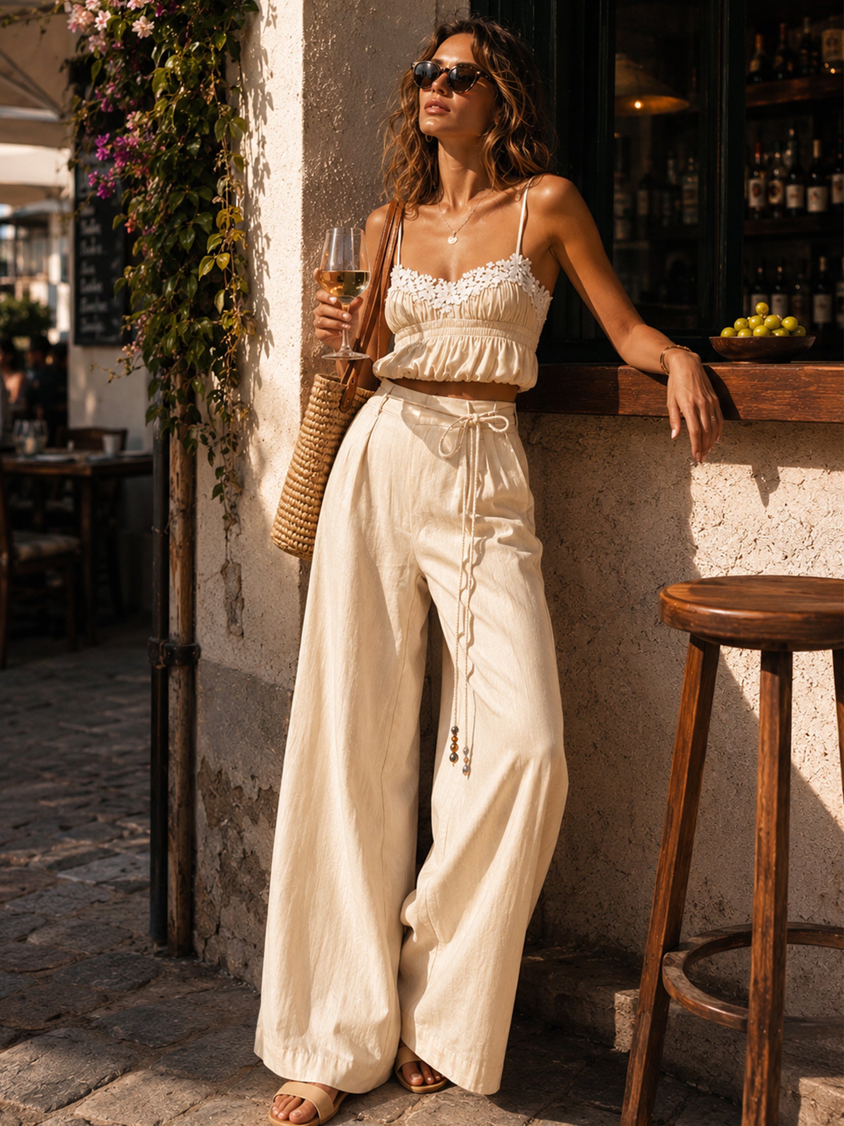 Liserie Linen Lace Cami Top & Wide Leg Pants Set