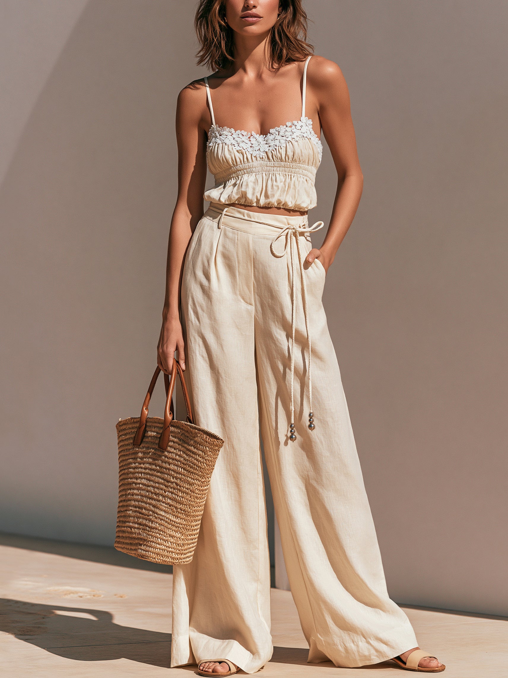 Liserie Linen Lace Cami Top & Wide Leg Pants Set