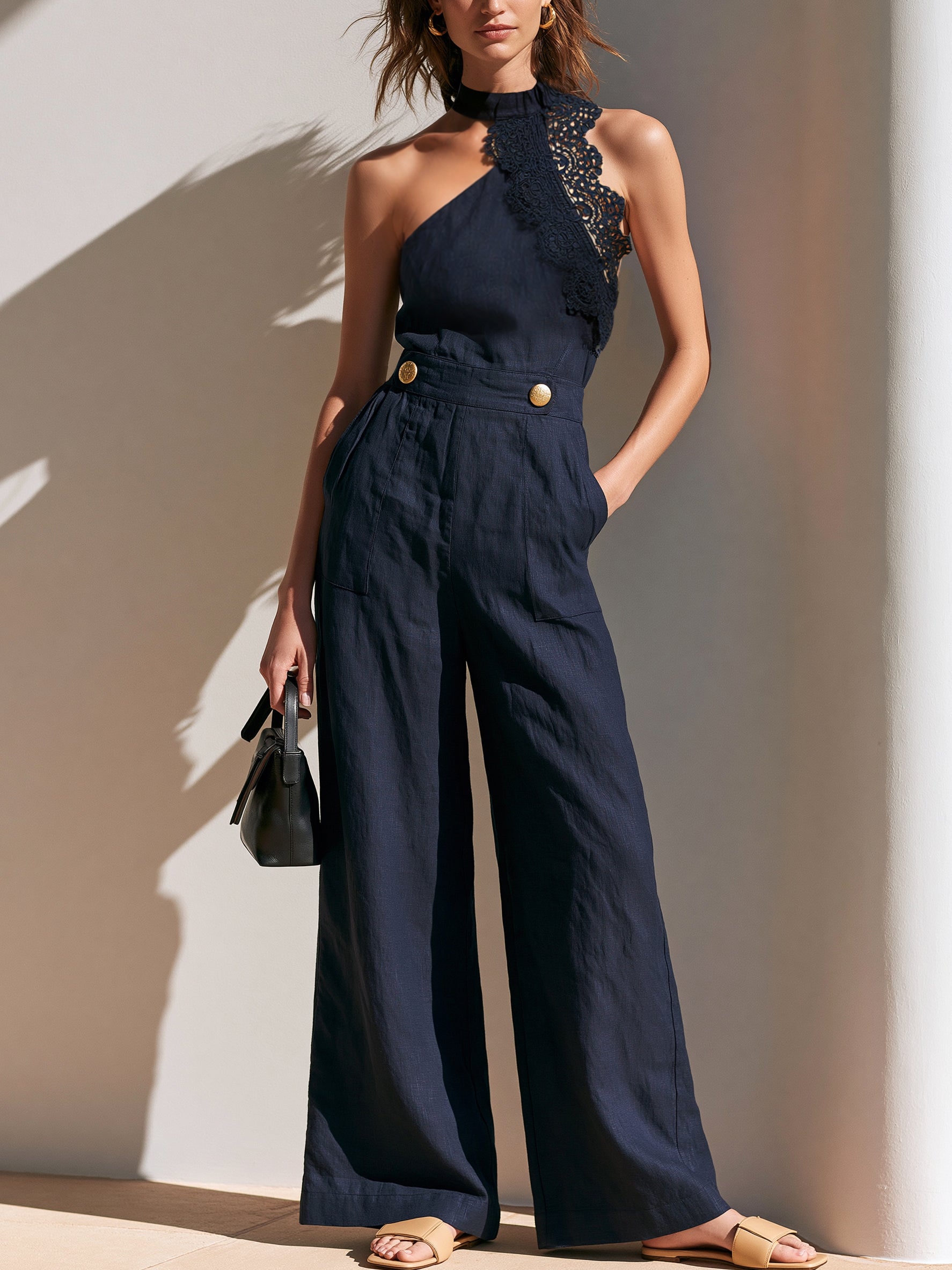 Liserie Linen Lace Halter Neck Wide Leg Jumpsuit