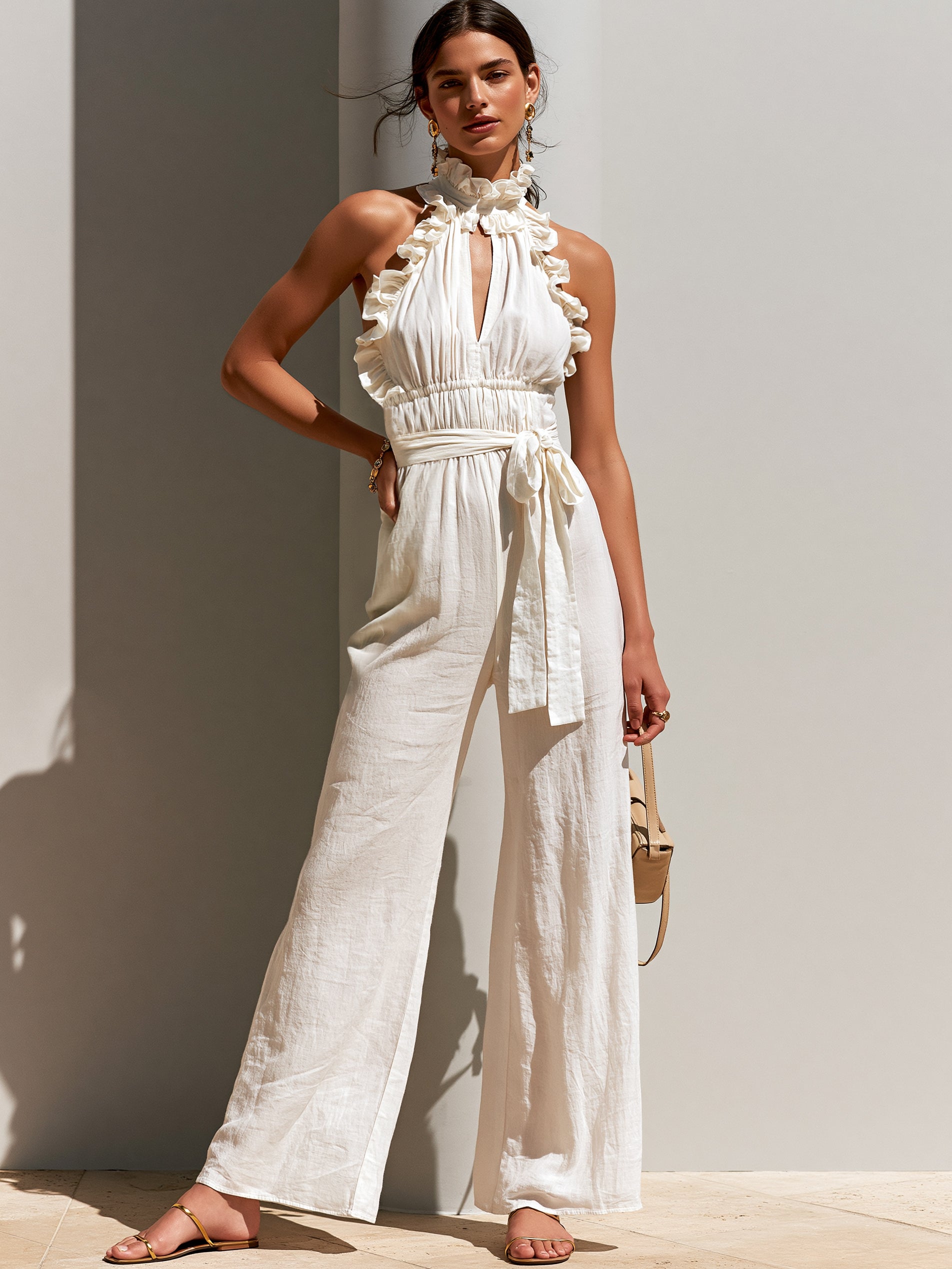 Liserie Cotton Linen Ruffled Halter Neck Jumpsuit