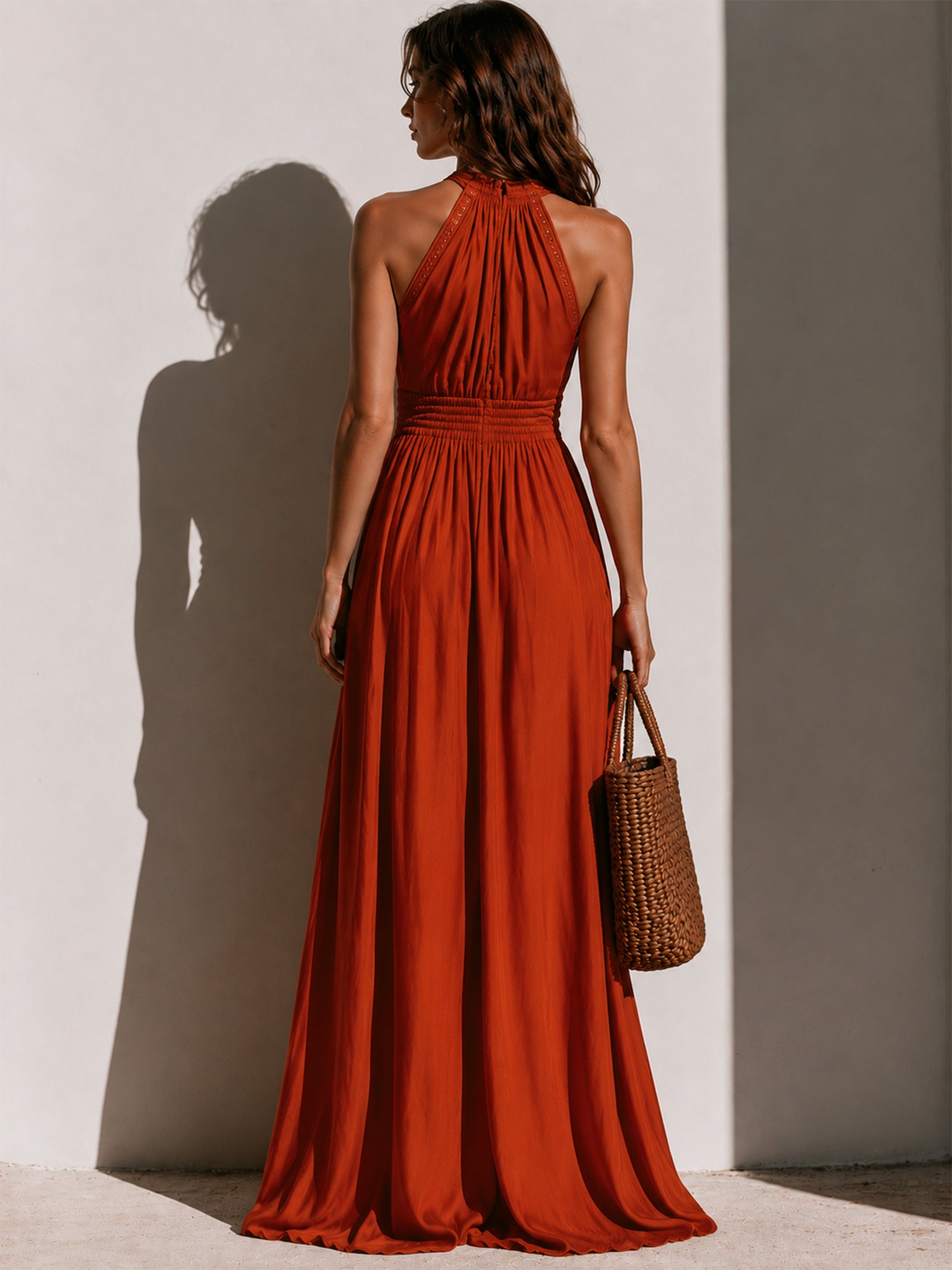 Liserie Terracotta Lace-Up Halter Maxi Dress
