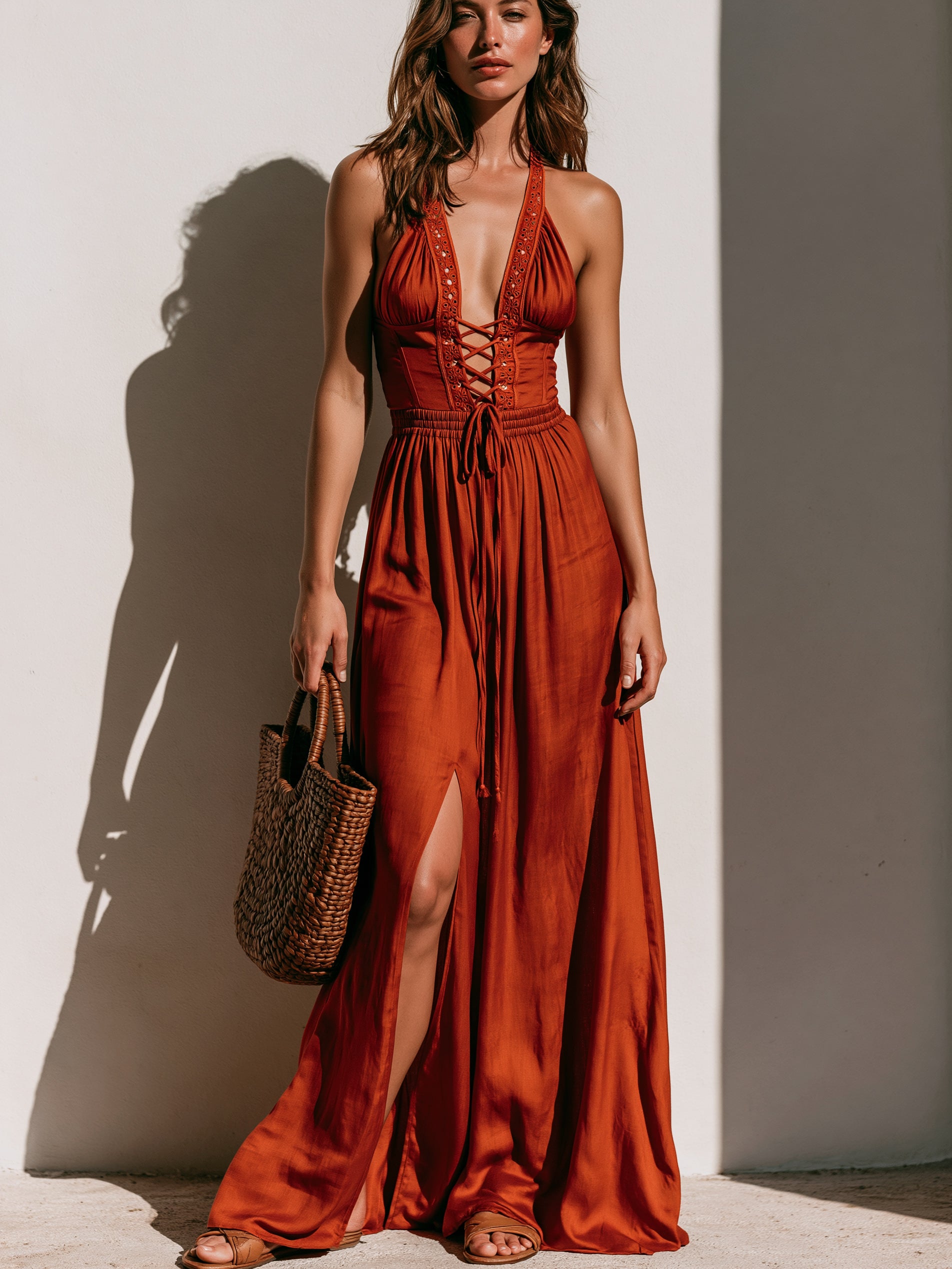 Liserie Terracotta Lace-Up Halter Maxi Dress