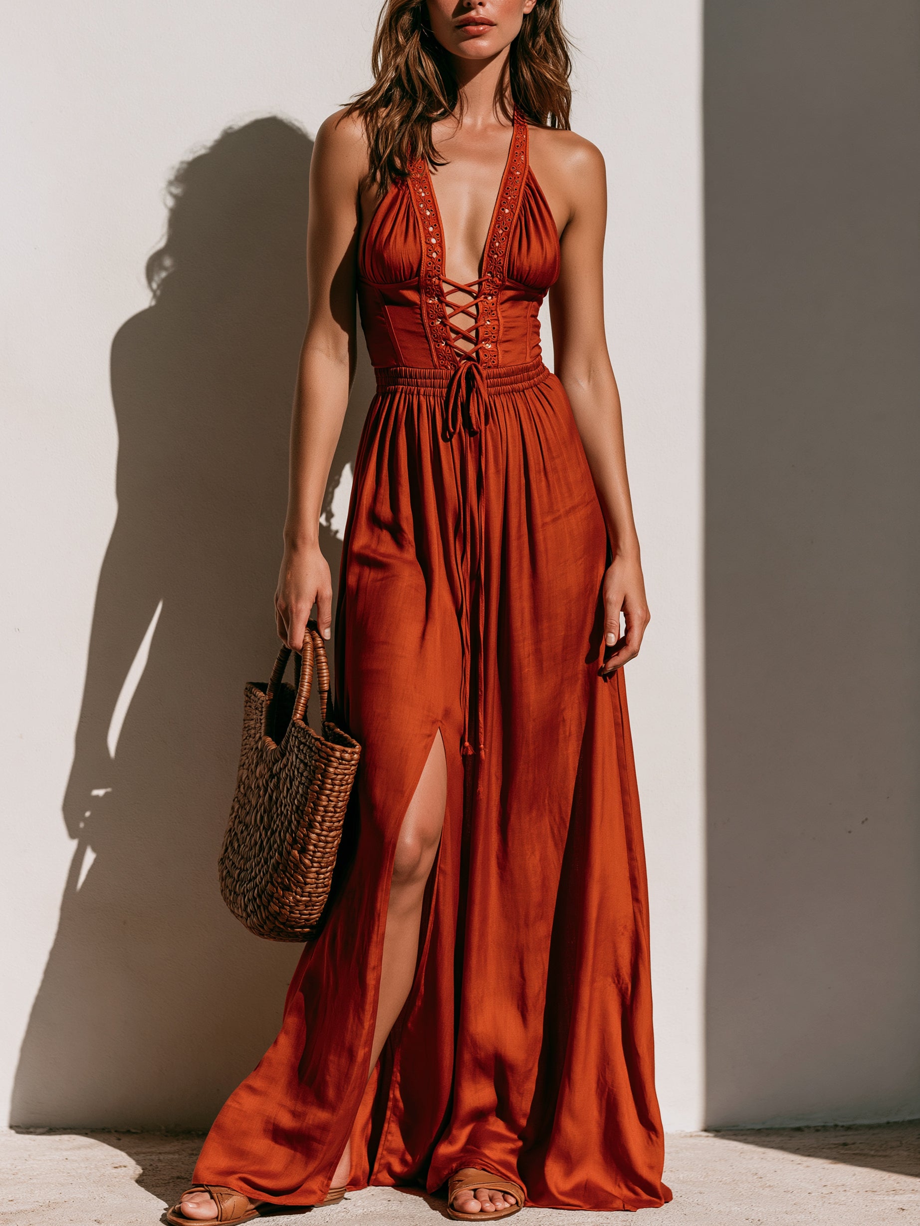 Liserie Terracotta Lace-Up Halter Maxi Dress