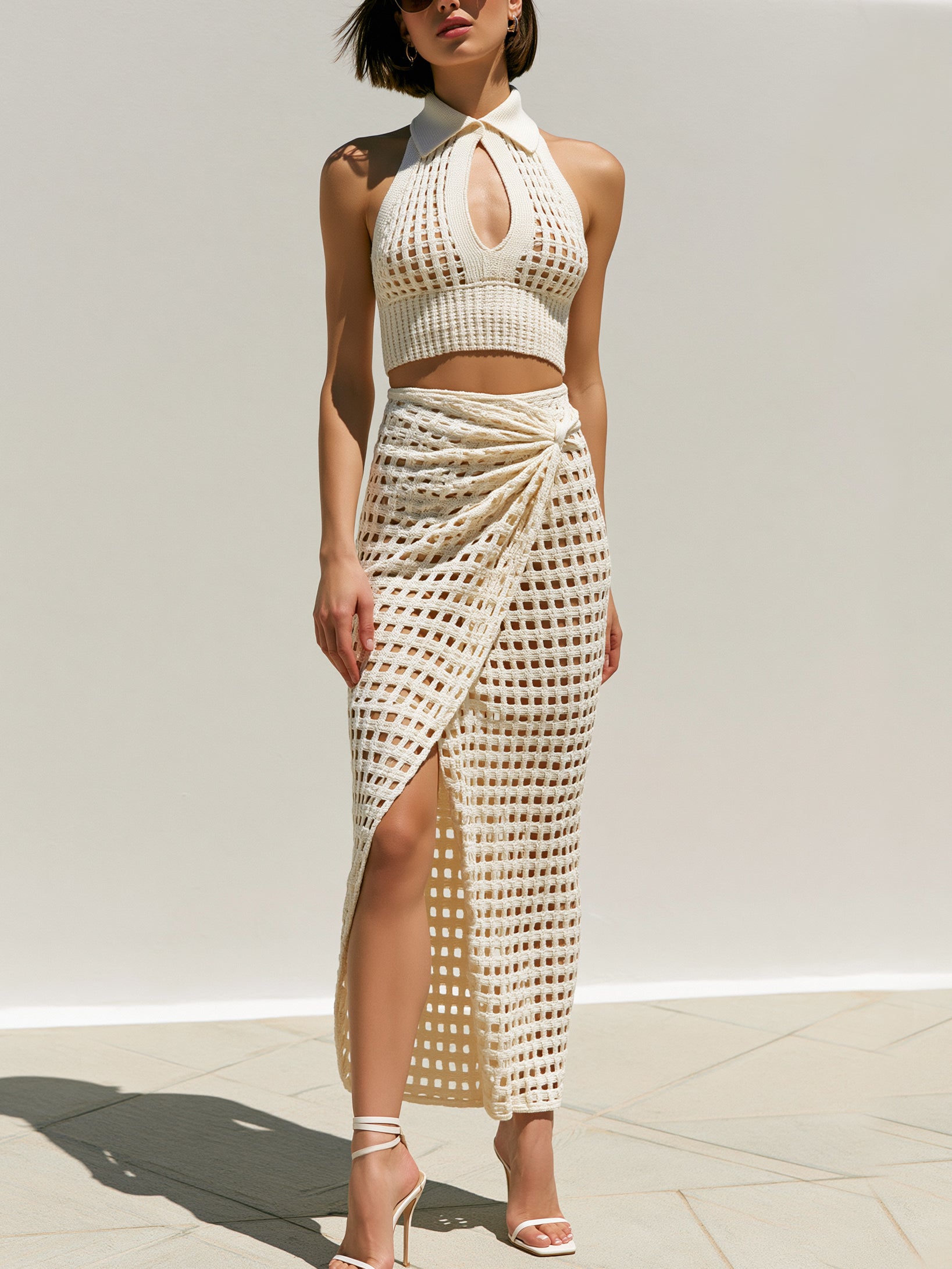 Liserie Openwork Crochet Halter Top &Split Midi Skirt Set