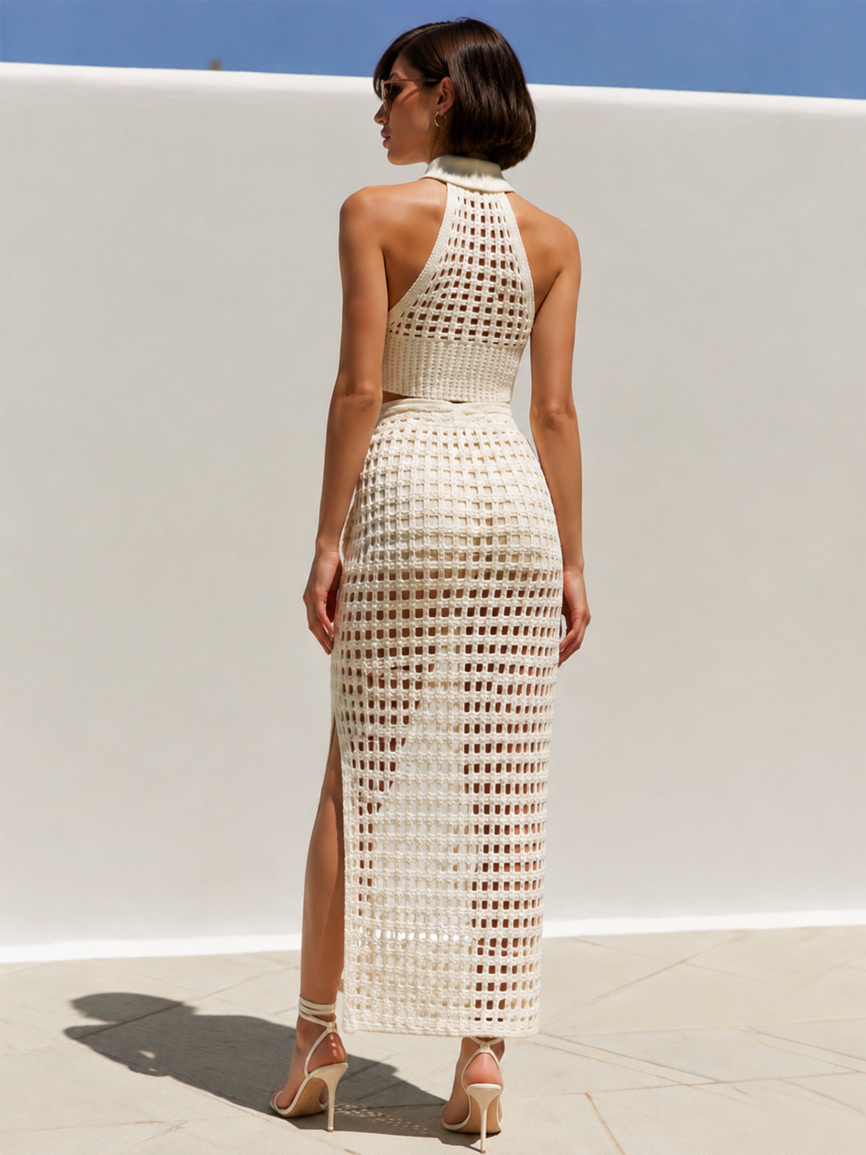 Liserie Openwork Crochet Halter Top &Split Midi Skirt Set