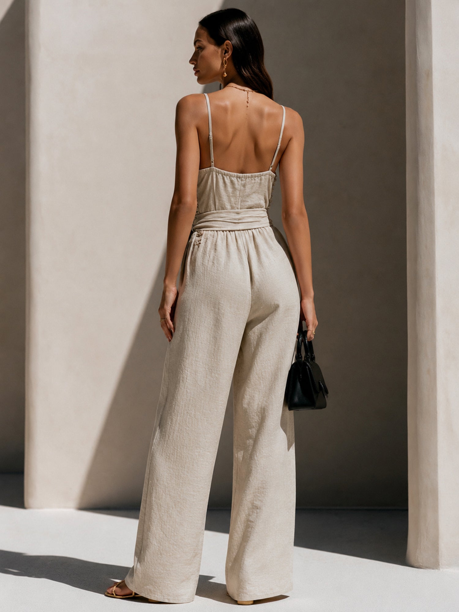 Liserie Tie-Waist Ruched Wide-Leg Jumpsuit With Linen-Like Texture