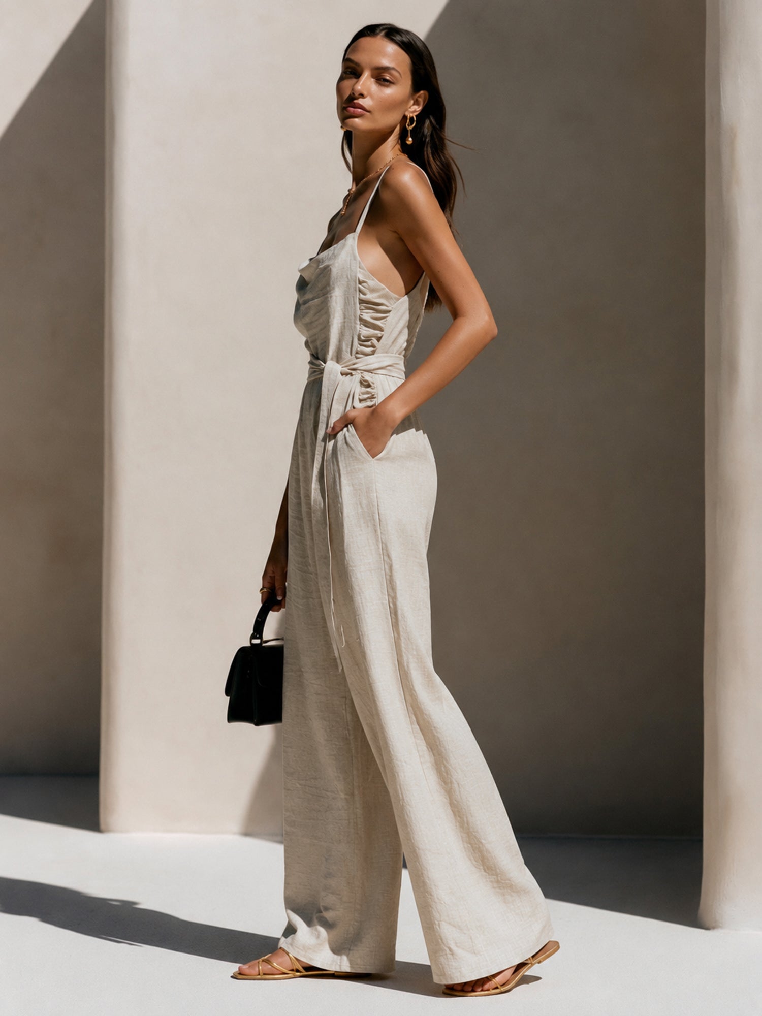 Liserie Tie-Waist Ruched Wide-Leg Jumpsuit With Linen-Like Texture