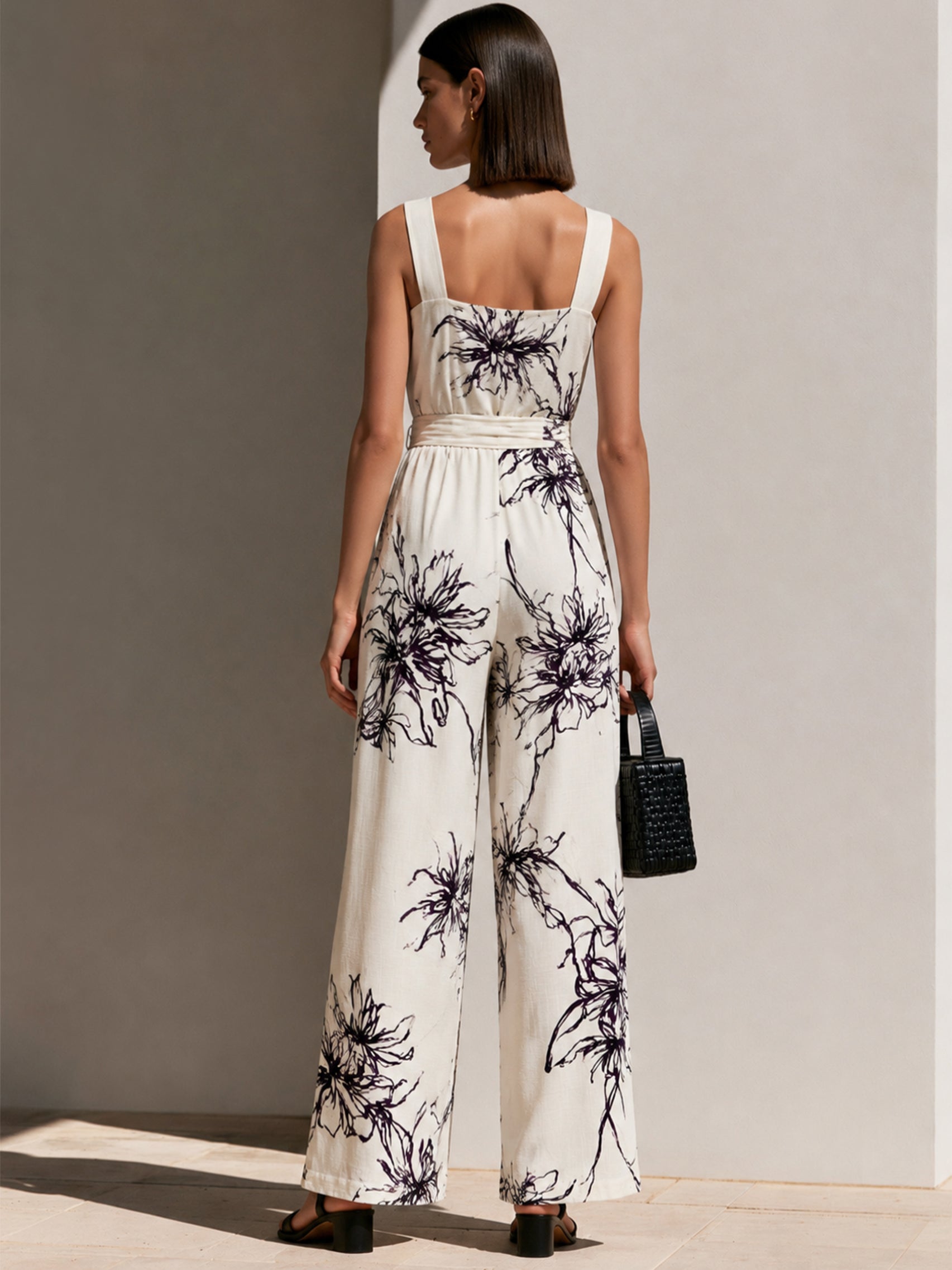 Liserie Floral Square Neck Sleeveless Jumpsuit