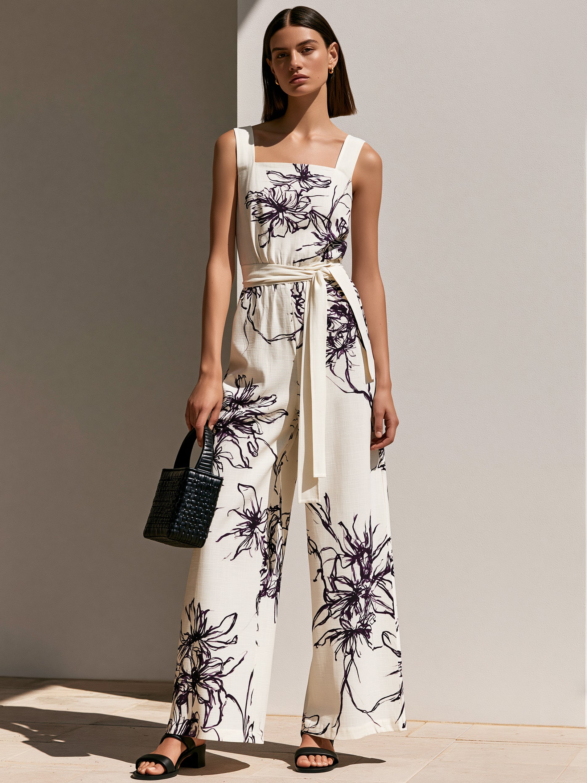 Liserie Floral Square Neck Sleeveless Jumpsuit