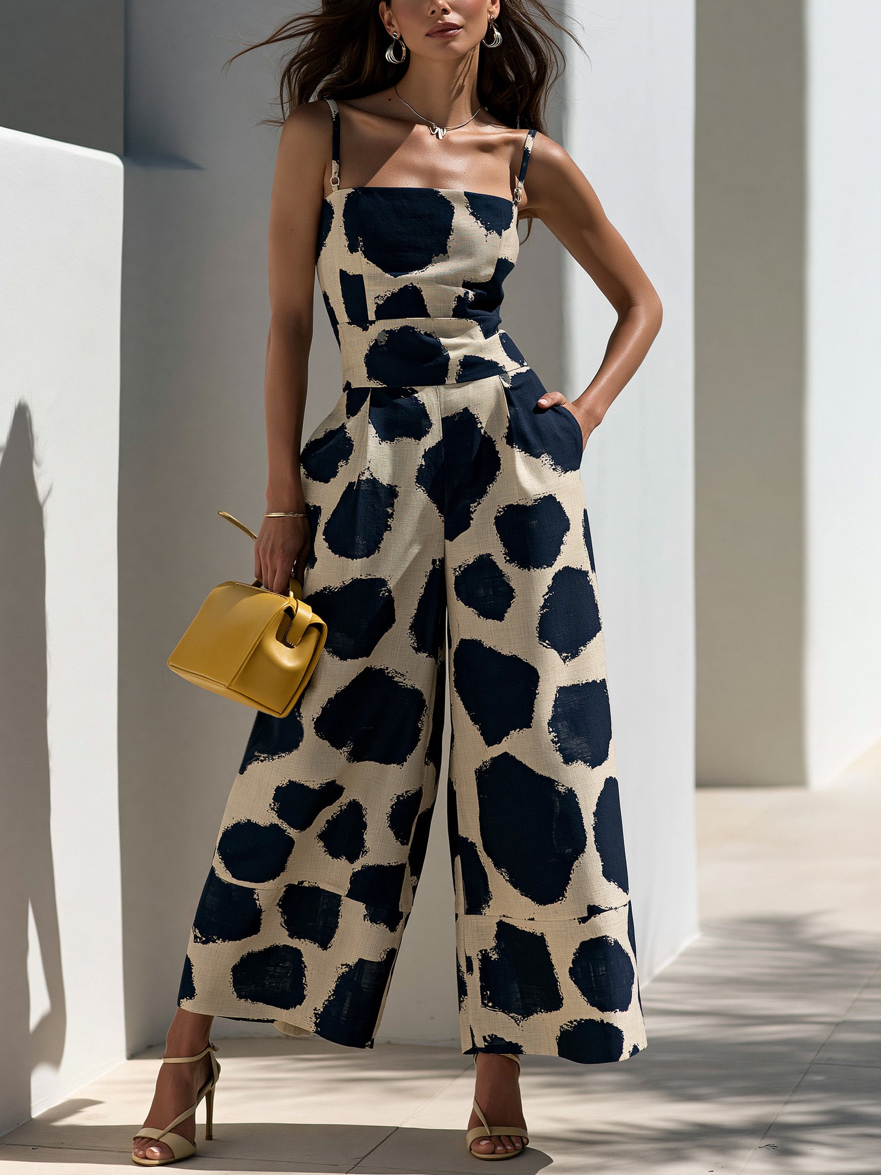 Liserie Ink-Dot Print Strapless Wide-Leg Jumpsuit