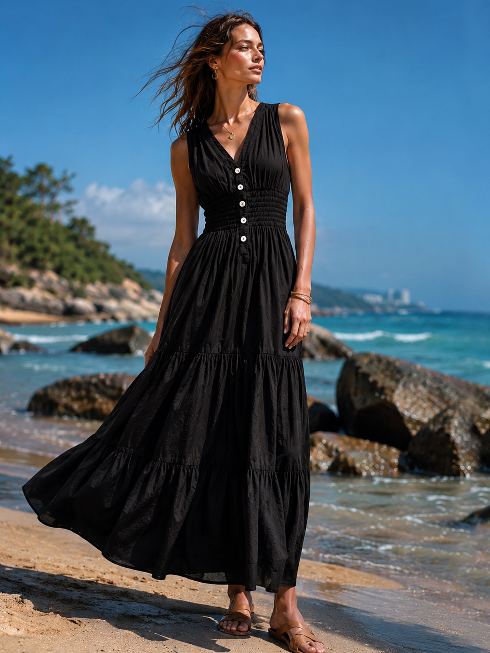 Liserie Black Cotton Sleeveless Maxi Dress